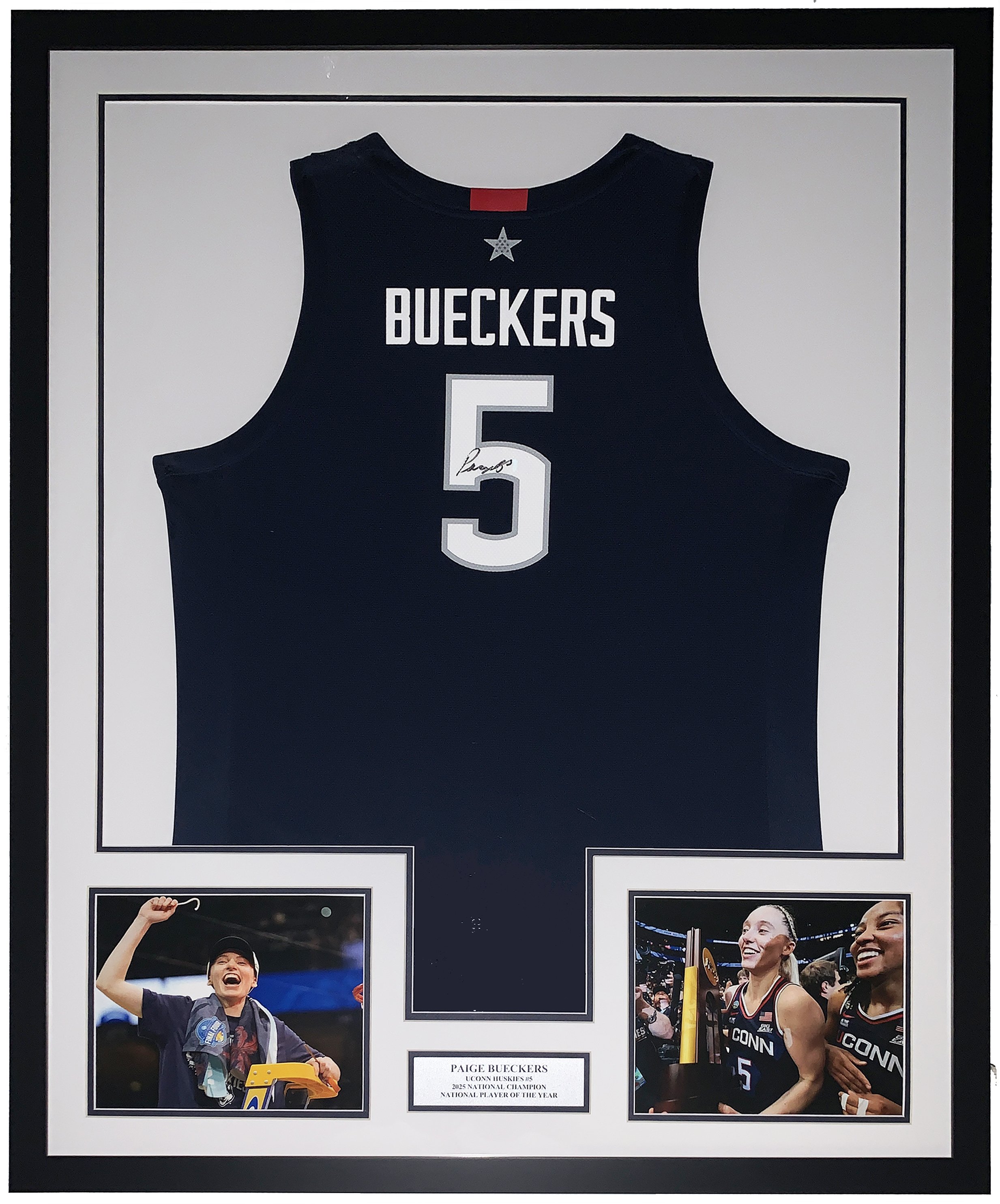 Paige Bueckers Signed Nike UCONN Huskies Jersey and National Player of the Year Plate - Beckett BAS COA Authenticated - Professionally Framed and 2025 NCAA Tournament Photo 34x42