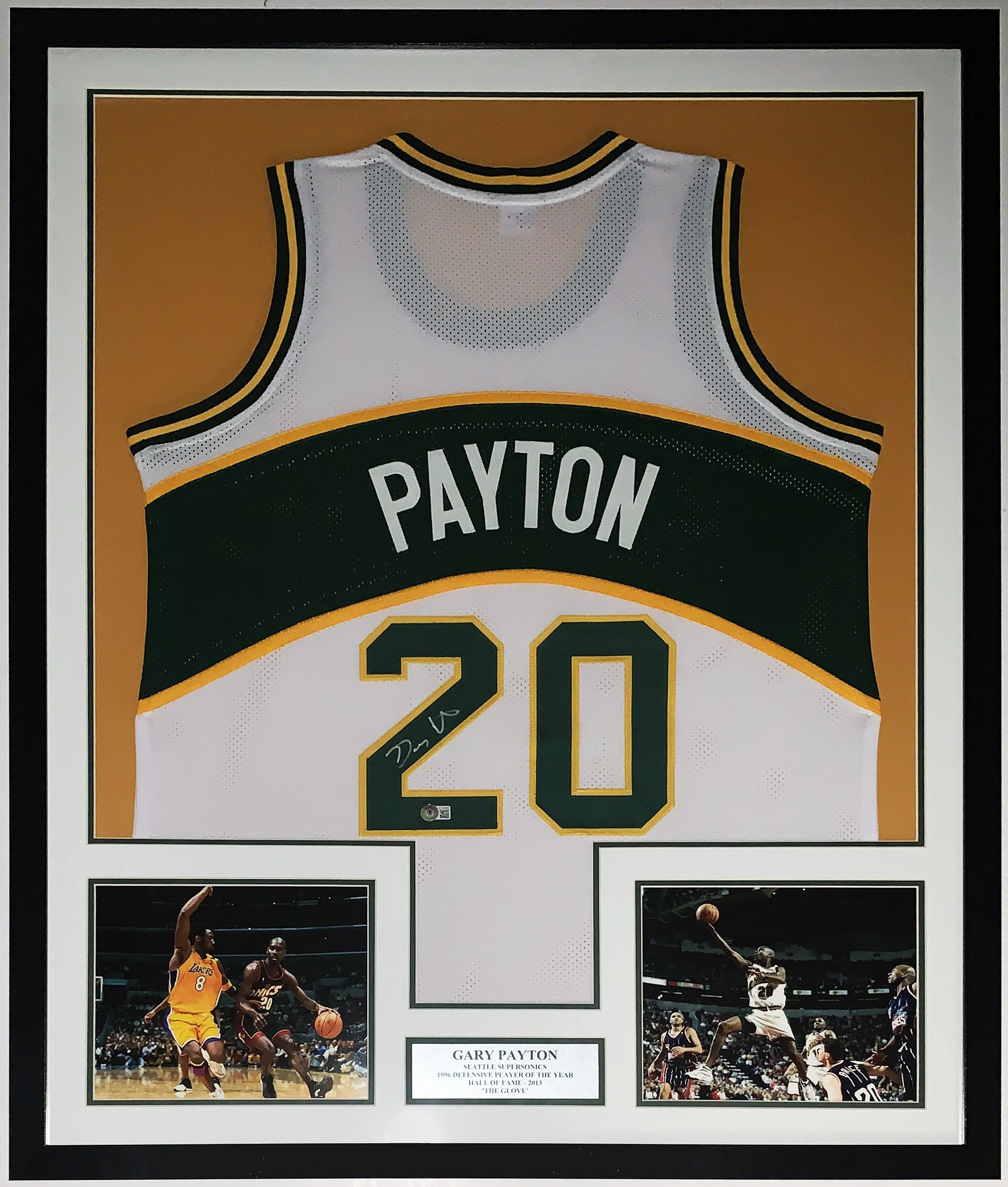 Gary Payton Signed Seattle Supersonics Jersey - Beckett BAS Authentication COA - Professionally Framed and Photo and Hall of Fame Plate 34x42