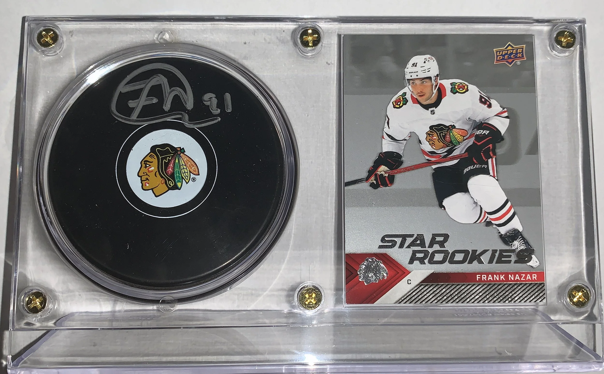 Frank Nazar Signed Authentic Chicago Blackhawks NHL Puck and Upper Deck Rookie Card - Beckett Authentication Services COA Authenticated - Includes Display Case