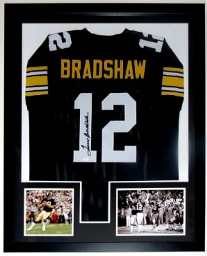 Terry Bradshaw Signed Pittsburgh Steelers Jersey - JSA COA Authenticated - Professionally Framed & 2 8x10 Photo - 32x42