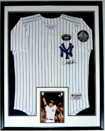 Derek Jeter Autographed Majestic New York Yankees Jersey & 8x10 Photo - Steiner Sports Authenticated - Professionally Framed 34x42