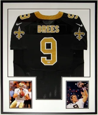 Drew Brees Signed New Orleans Saints Nike Jersey - Beckett Authentication Services COA - Custom Framed & 2 Super Bowl 8x10 Photo 34x42