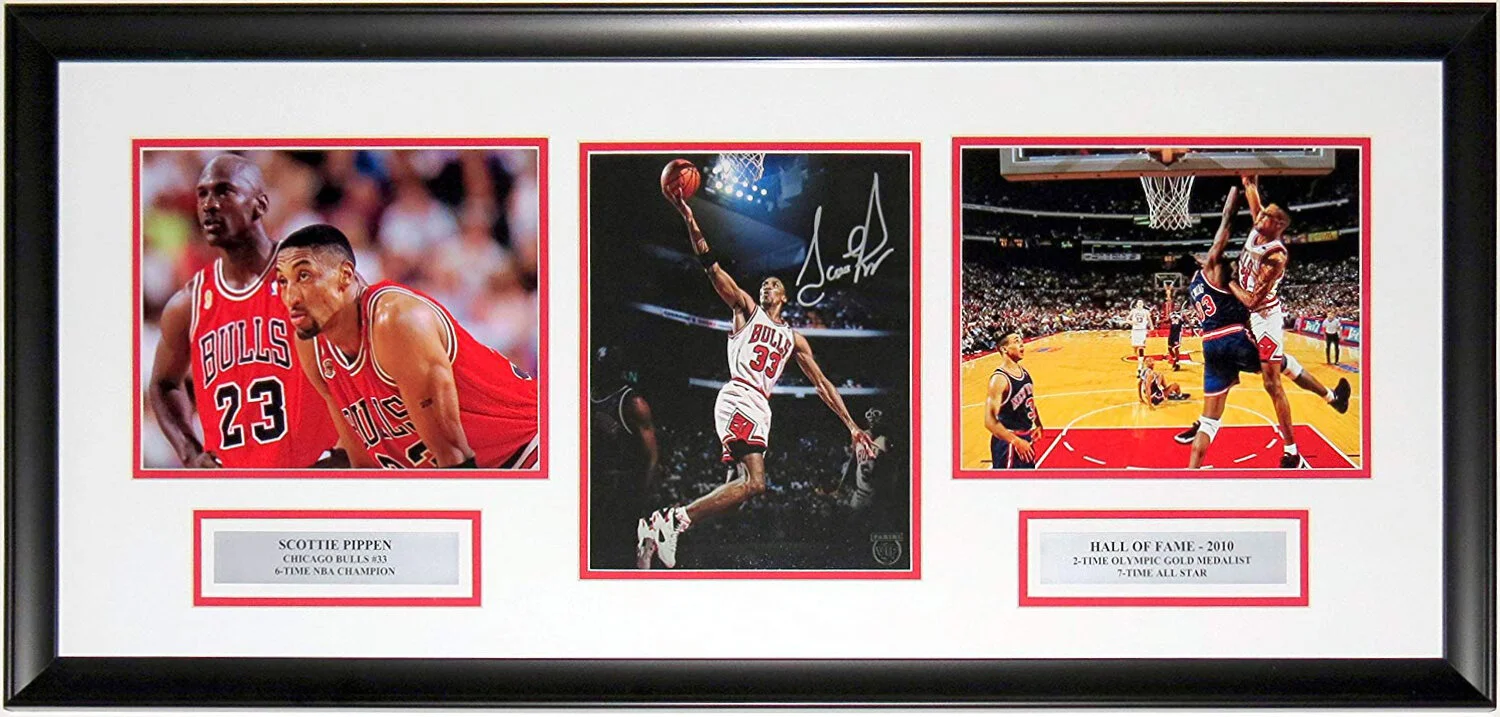 Scottie Pippen Signed Chicago Bulls 8x10 Photo Compilation - Panini COA Authenticated - Professionally Framed & Plate 34x16
