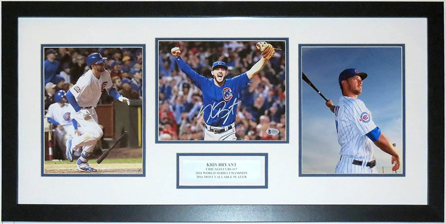 Kris Bryant Signed Cubs 2016 World Series Final Out 3 8x10 Photo Compilation - Beckett Authentication Services BAS COA - Professionally Framed and Plate 32x16