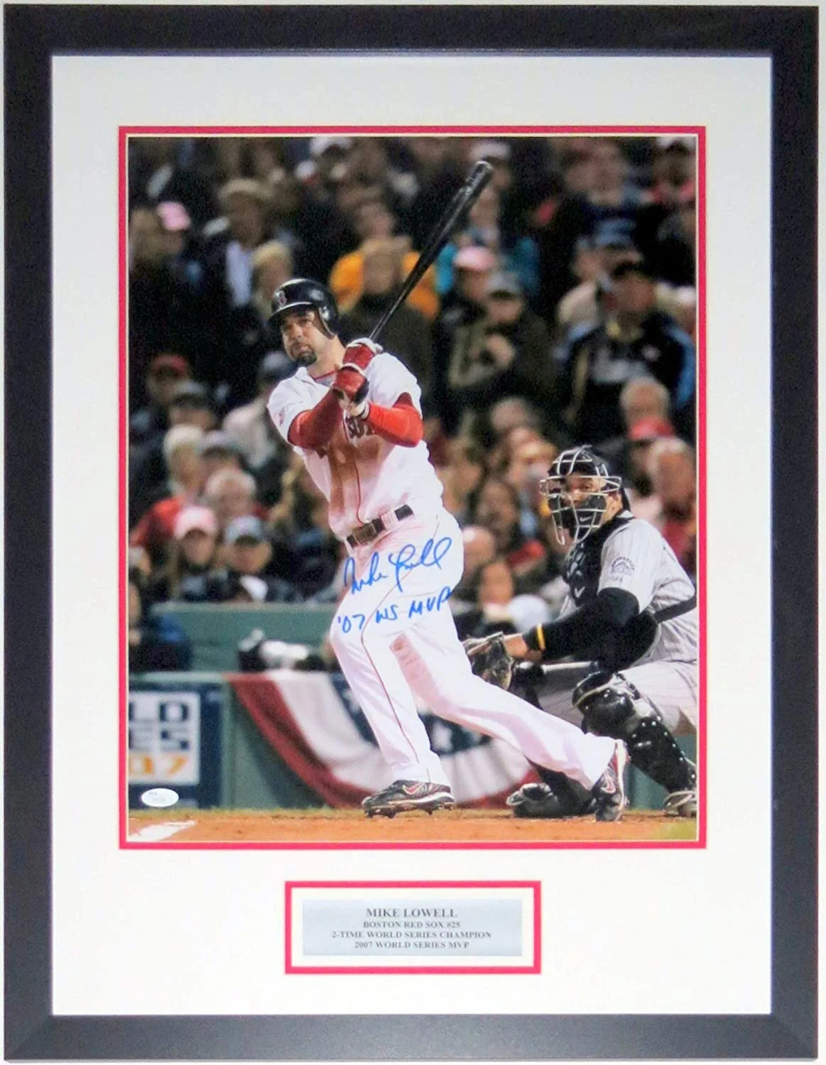 Mike Lowell Signed World Series 16x20 Photo  and 2007 WS MVP Inscription - JSA COA Authenticated - Professionally Framed and Plate