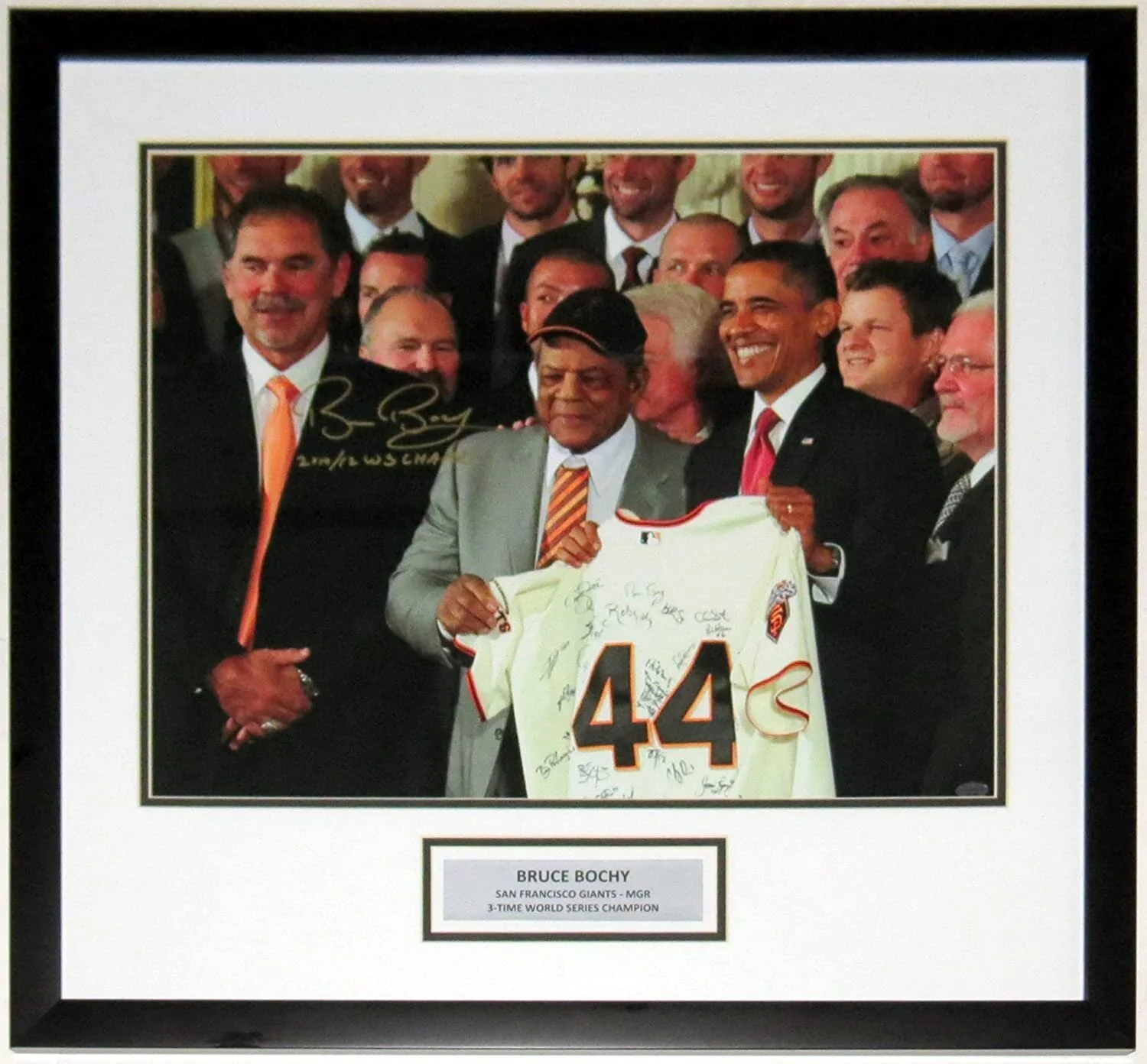 Bruce Bochy Signed Giants World Series 16x20 Photo - Leaf COA Authenticated - Professionally Framed and Plate