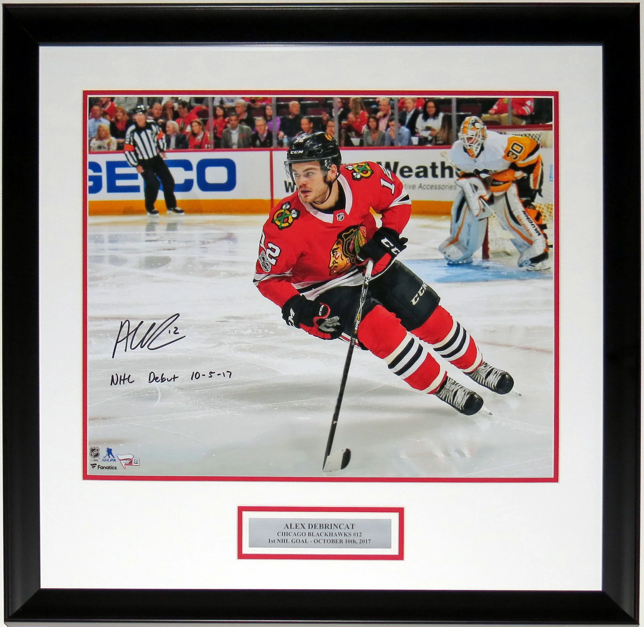 Alex DeBrincat Signed Blackhawks 16x20 Photo and NHL Debut Inscription - Fanatics COA Authenticated - Professionally Framed and Plate