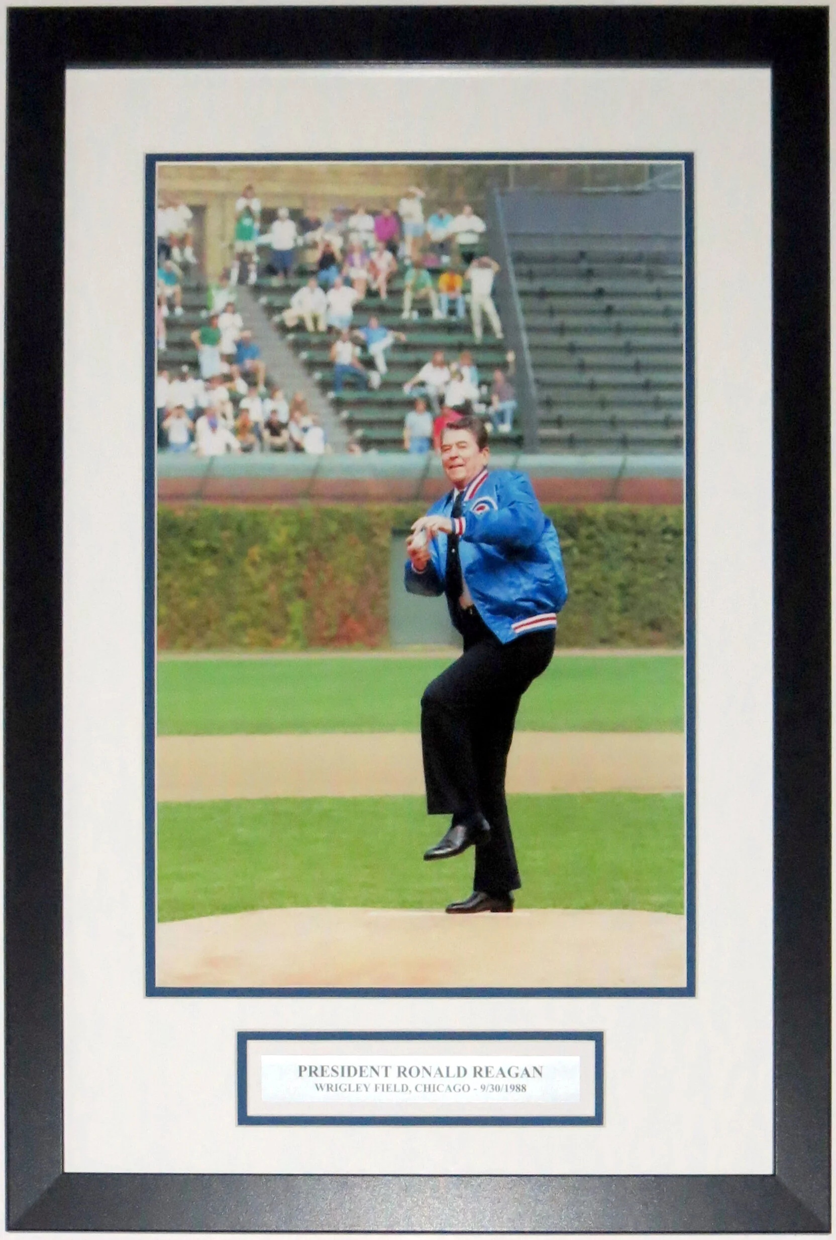 President Ronald Reagan 1988 Wrigley Field First Pitch 12x18 Photo - Professionally Framed and Plate