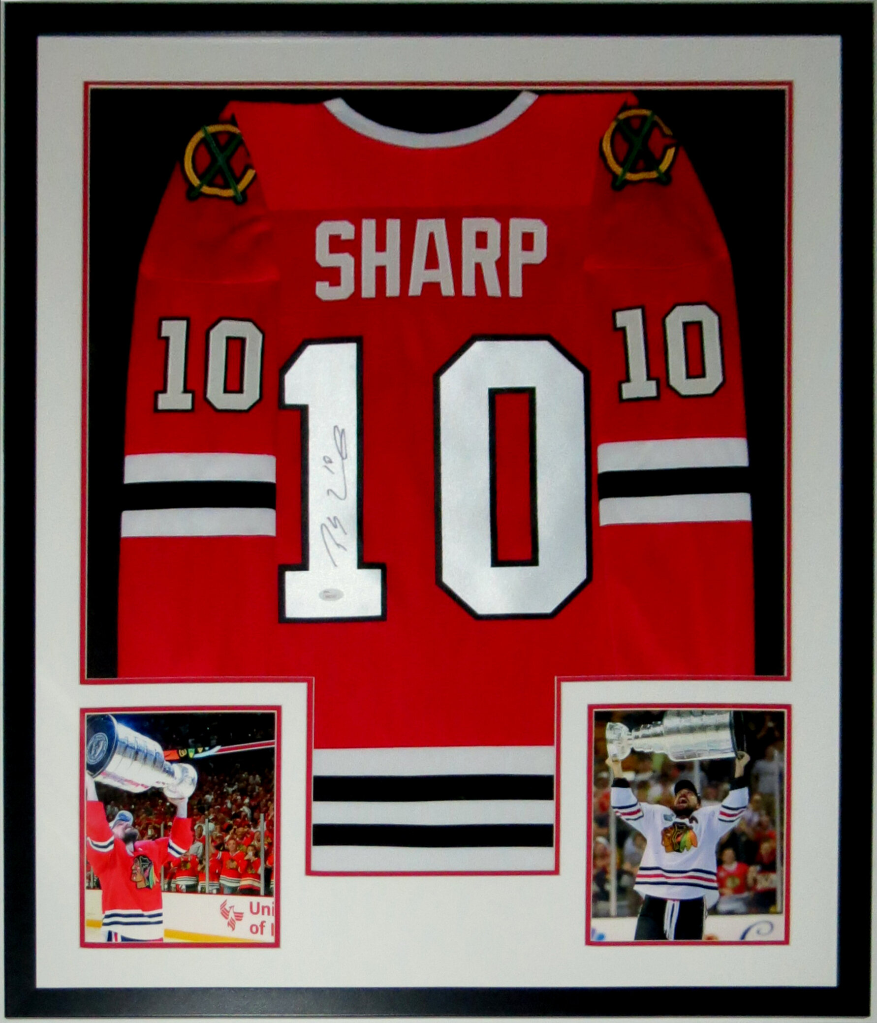 Patrick Sharp Signed Chicago Blackhawks Jersey - JSA COA Authenticated - Professionally Framed &amp; 2 Stanley Cup 8x10 Photo 34x42