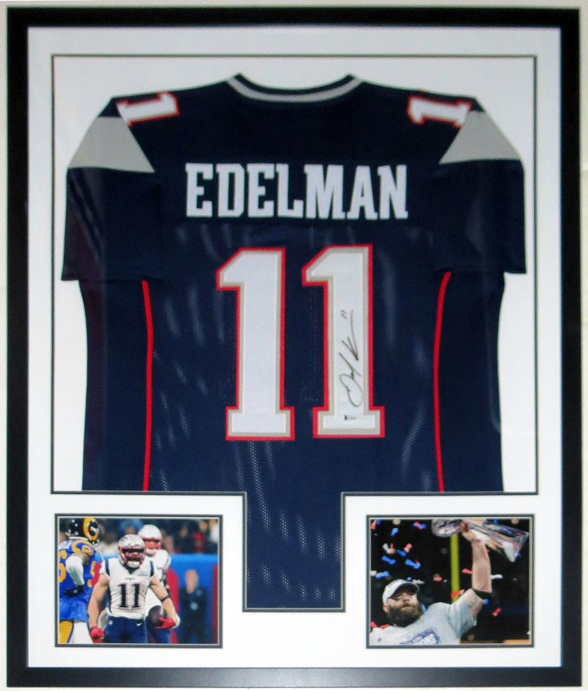 Julian Edelman Signed New England Patriots Super Bowl Jersey - Beckett Authentication Services COA - Framed and 2 Super Bowl MVP Photo