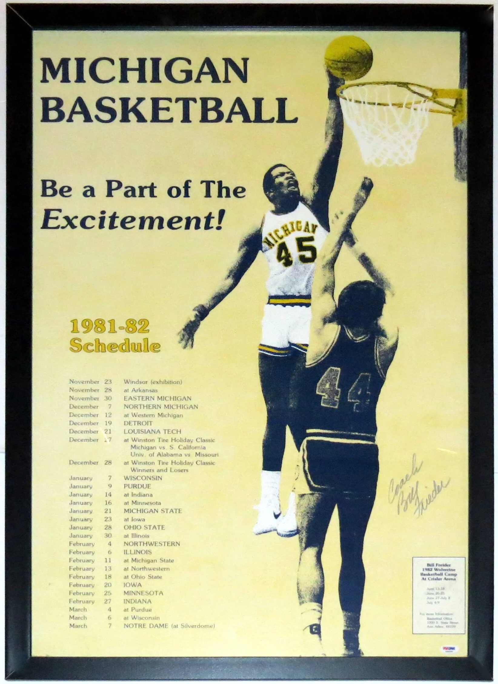 Original Michigan Wolverines 1981-82 Poster Signed by Coach Bill Frieder - PSA DNA COA Authenticated -Professionally Framed