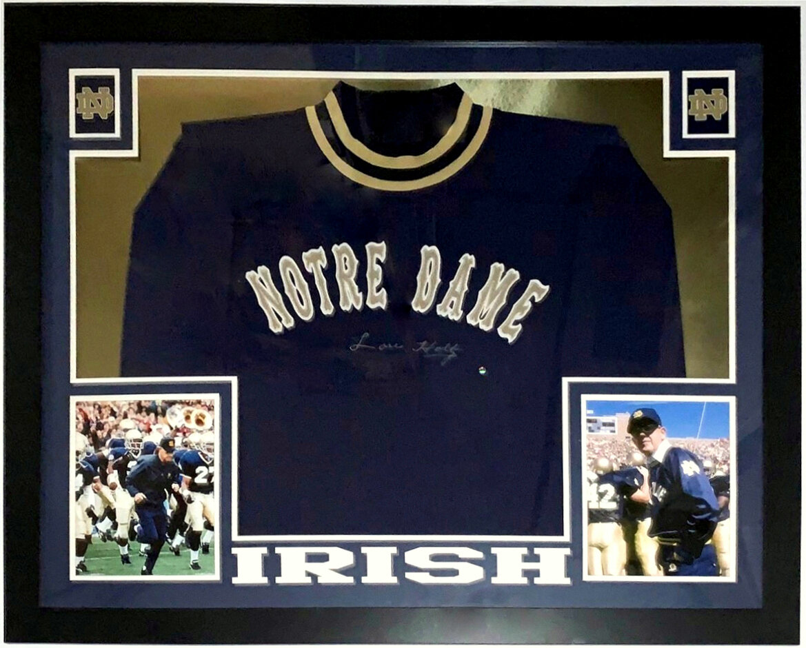 Framed Autographed/Signed Lou Holtz 33x42 Notre Dame Blue College Football Jersey JSA COA 