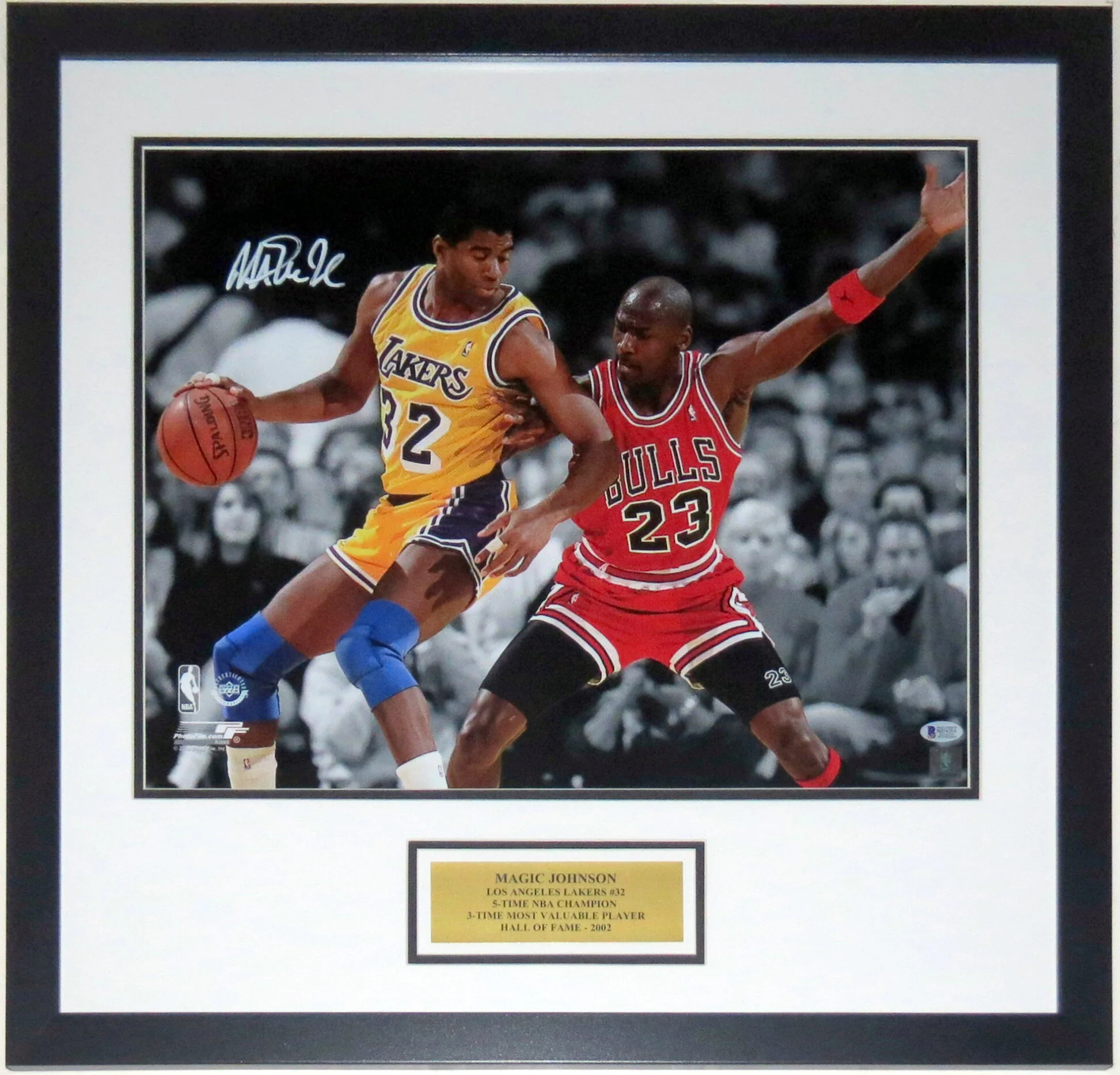 Magic Johnson Signed Los Angeles Lakers 16x20 Photo vs Michael Jordan - Beckett Authentication Services BAS COA Authenticated - Professionally Framed and Plate