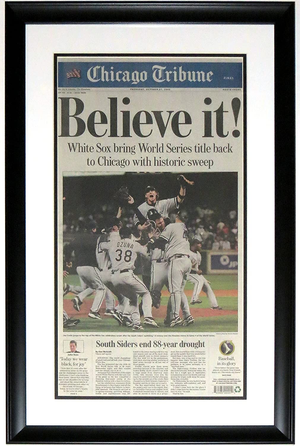 Bleachers Sports Music & Framing — Chicago White Sox 2005 World Series  Champions Chicago Tribune ' Believe It ' Newspaper 10/27/05