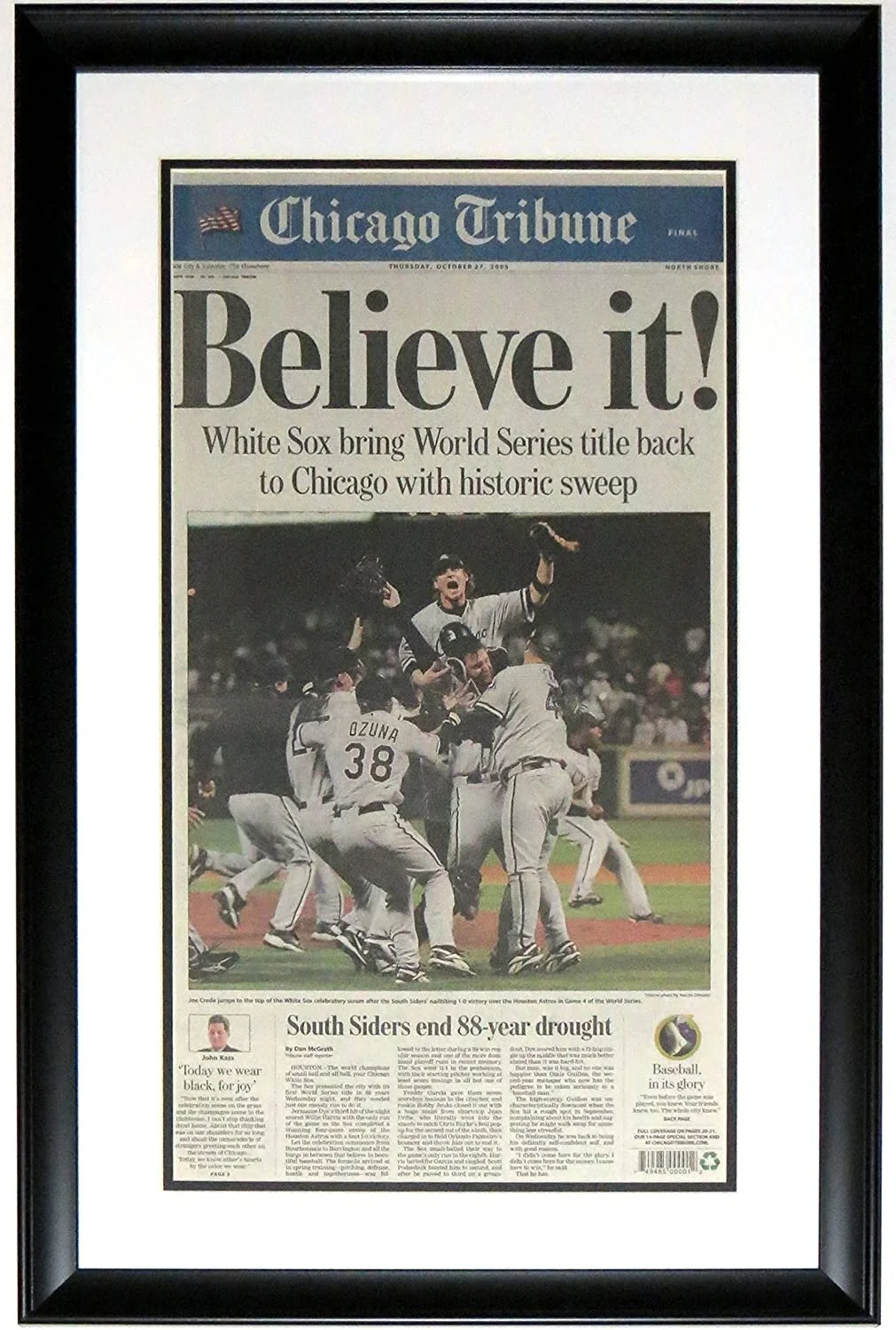 Chicago White Sox 2005 World Series Champions Chicago Tribune ' Believe It ' Newspaper 10/27/05 - Professionally Framed 14x28