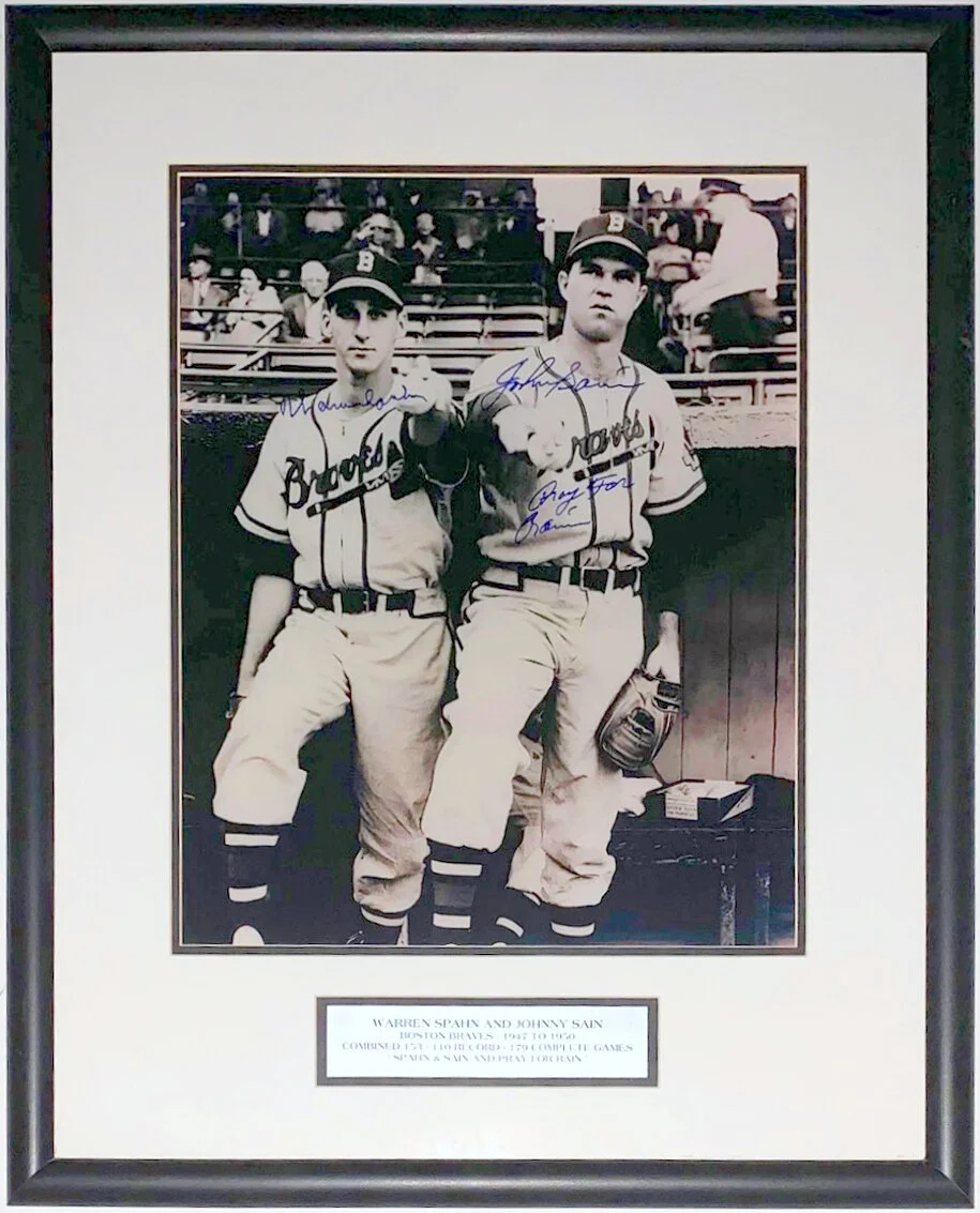 Warren Spahn and Johnny Sain Dual Signed 16x20 Photo and Pray For Rain Inscription - Professionally Framed and Plate