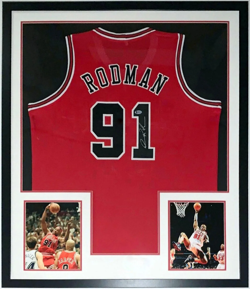 Dennis Rodman Signed Chicago Bulls Jersey - Beckett Authentication Services BAS COA Authenticated - Professionally Framed and 2 8x10 Photo 34x42