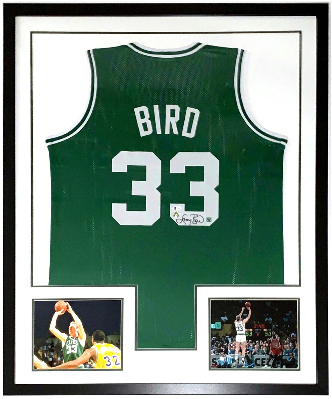 Boston Celtics Larry Bird Autographed Framed Green Jersey Beckett BAS Stock  #209452
