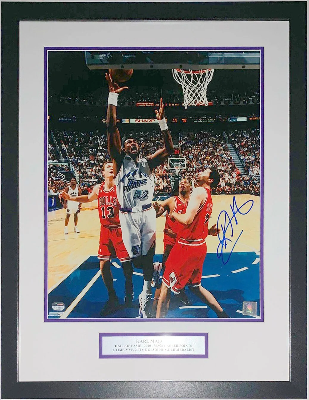 Karl Malone Signed Utah Jazz NBA Finals 16x20 Photo - Fanatics COA Authenticated - Professionally Framed and Hall of Fame Plate