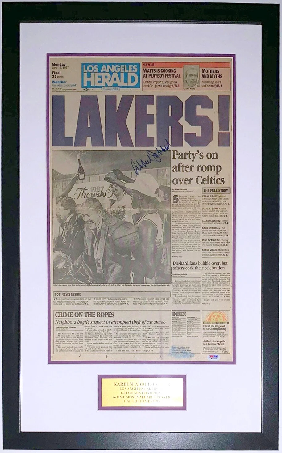 bleachers sports music framing kareem abdul jabbar signed los angeles herald 1987 lakers championship newspaper psa dna coa