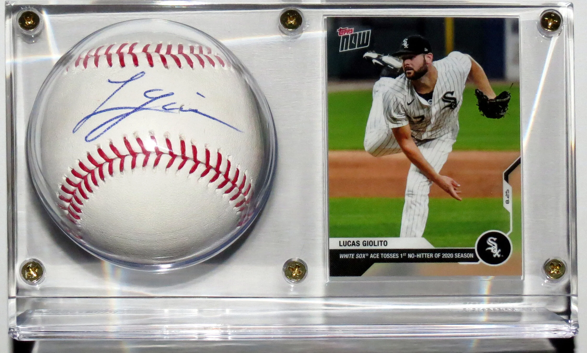 Lucas Giolito Signed OML Baseball and 2020 Topps Now No Hitter Trading Card - Includes Ultra Pro Display Case