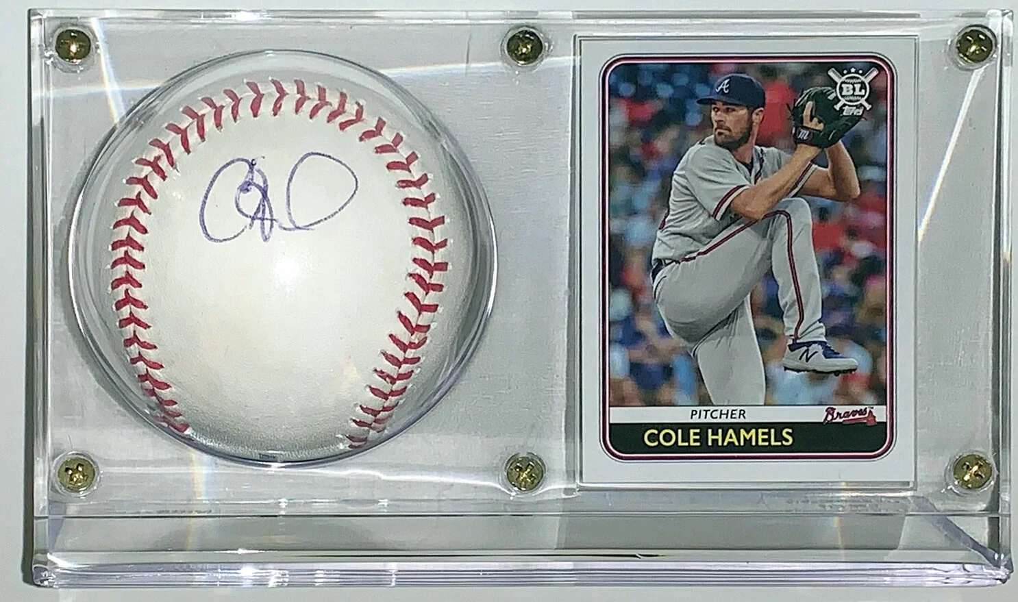 Cole Hamels Signed OML Baseball &amp; 2020 Topps Atlanta Braves Trading Card - PSA DNA COA Authenticated - Includes Ultra Pro Display Case