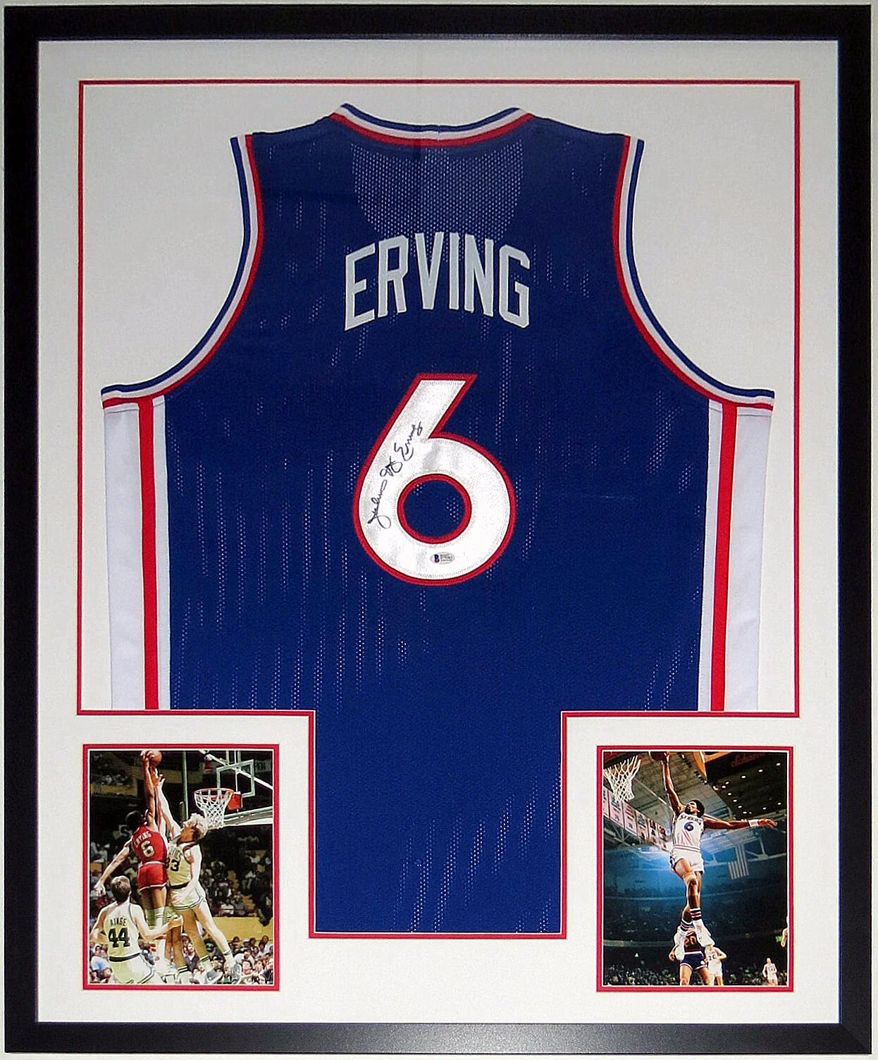 Julius Erving - Dr. J -  Signed Philadelphia 76’ers Jersey - Beckett Authentication Services BAS COA Authenticated - Professionally Framed and 8x10 Photo 34x42