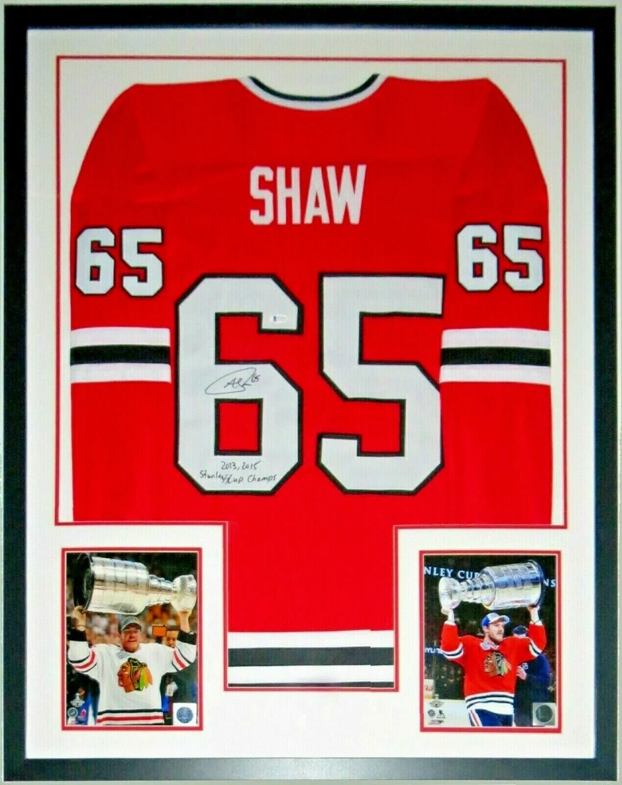 Andrew Shaw Signed Chicago Blackhawks Jersey &amp; 2013 &amp; 2015 Stanley Cup Champions Inscription - Beckett BAS COA Authenticated - Professionally Framed &amp; 2 8x10 Photo 34x42