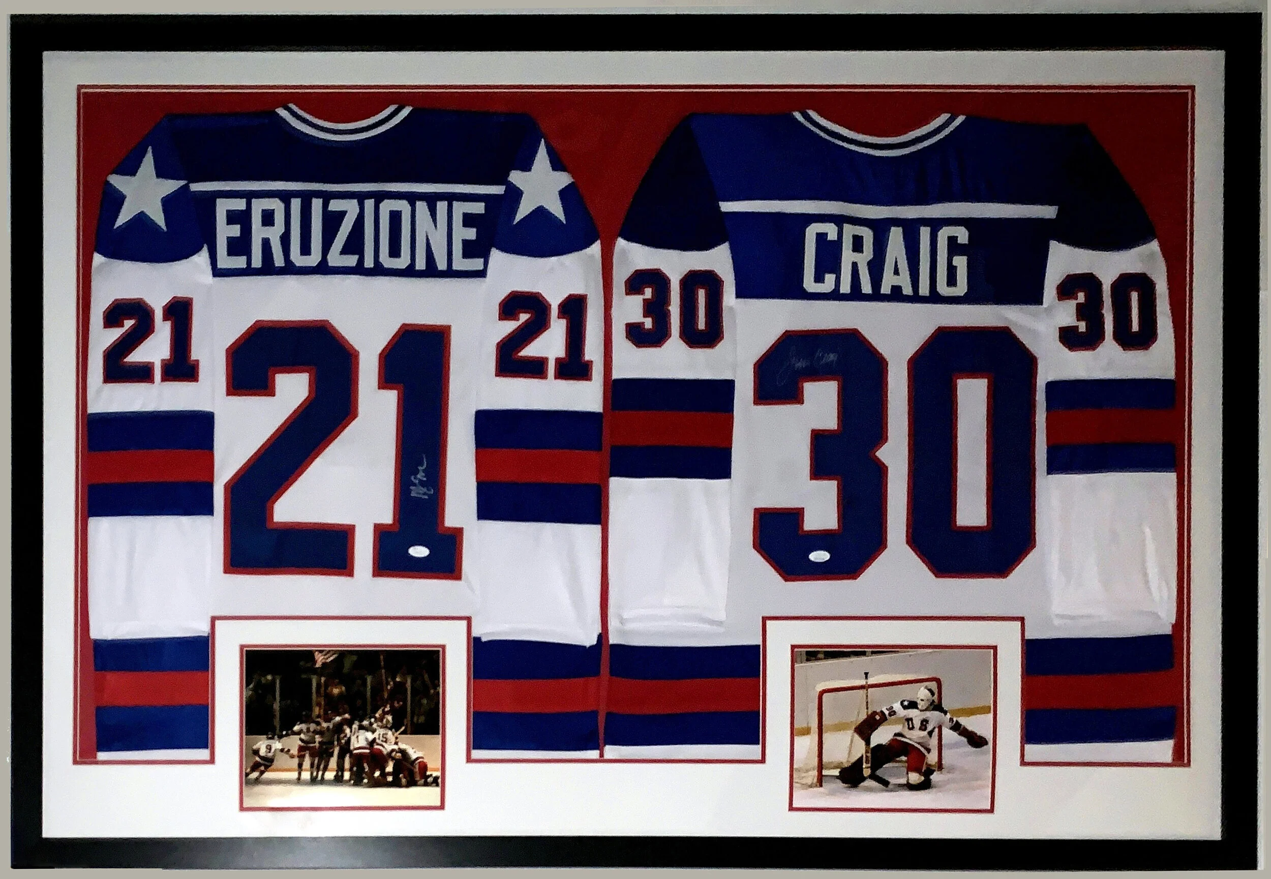Jim Craig and Mike Eruzione Two Signed 1980 United States Miracle on Ice Jersey - JSA COA - Professionally Framed and Photo 62x40