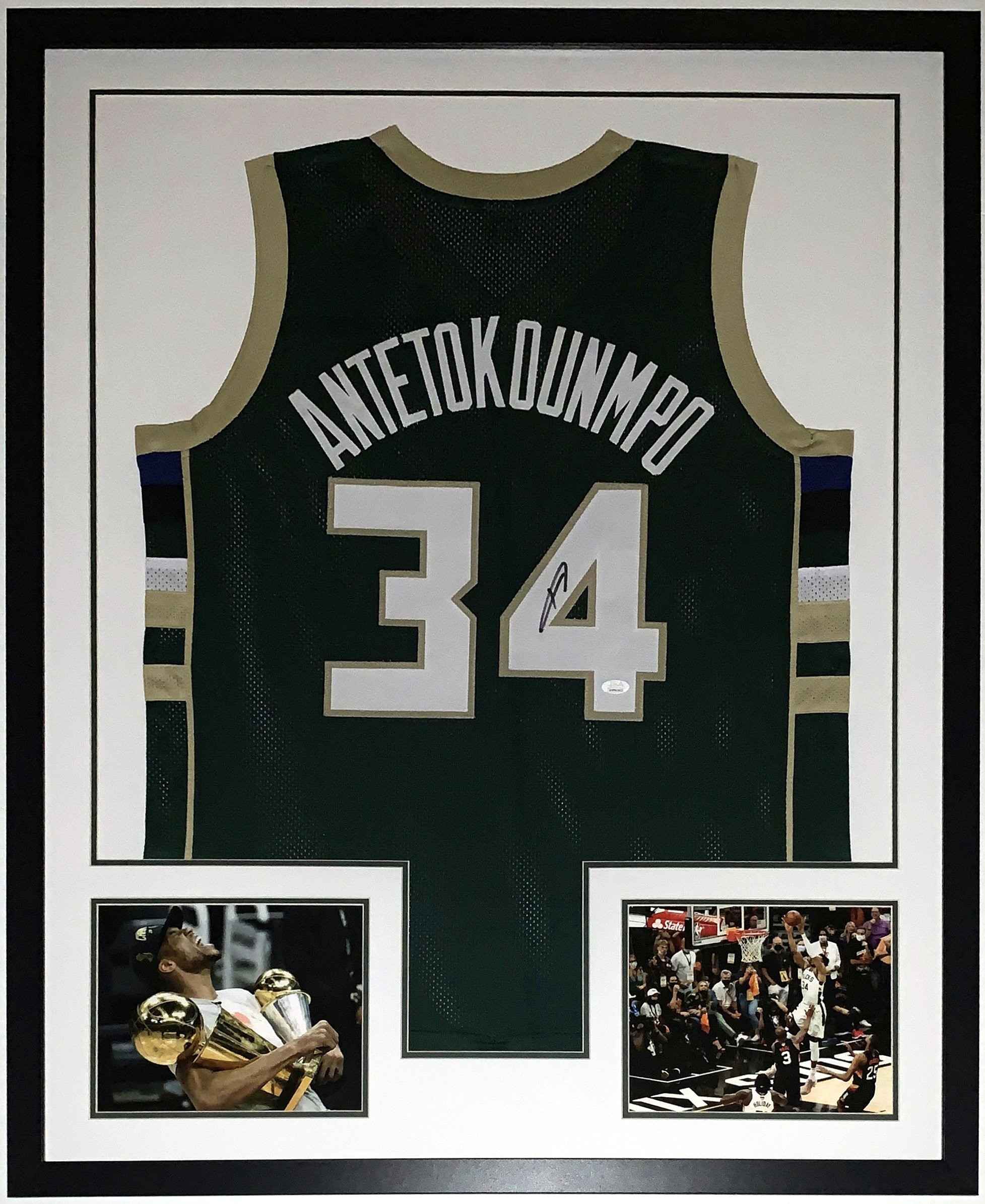 Giannis Antetokounmpo Signed 2021 Milwaukee Bucks Jersey and NBA Championship Photo - JSA COA Authenticated - Professionally Framed 34x42