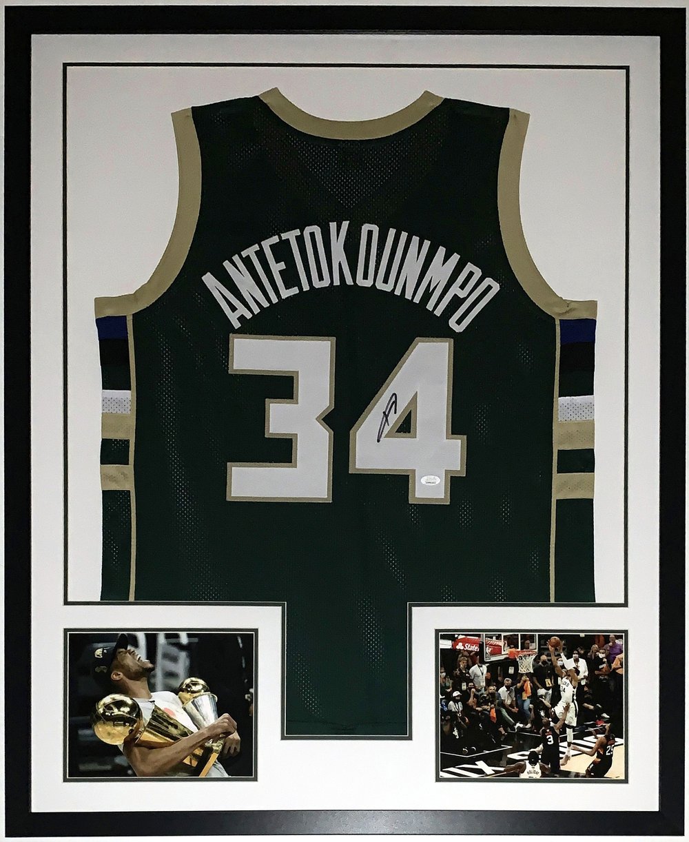 Giannis Antetokounmpo Signed 35x43 Framed Milwaukee Bucks Jersey