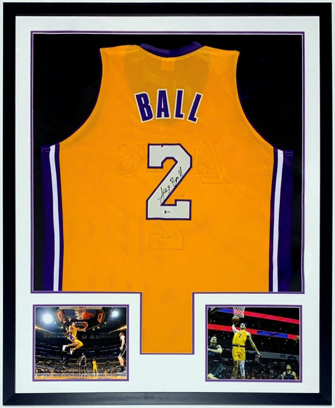 Lonzo Ball Signed Nike Rookie Year Los Angeles Lakers Jersey - Beckett Authentication Services BAS COA Authenticated - Professionally Framed and 8x10 Photo 34x42
