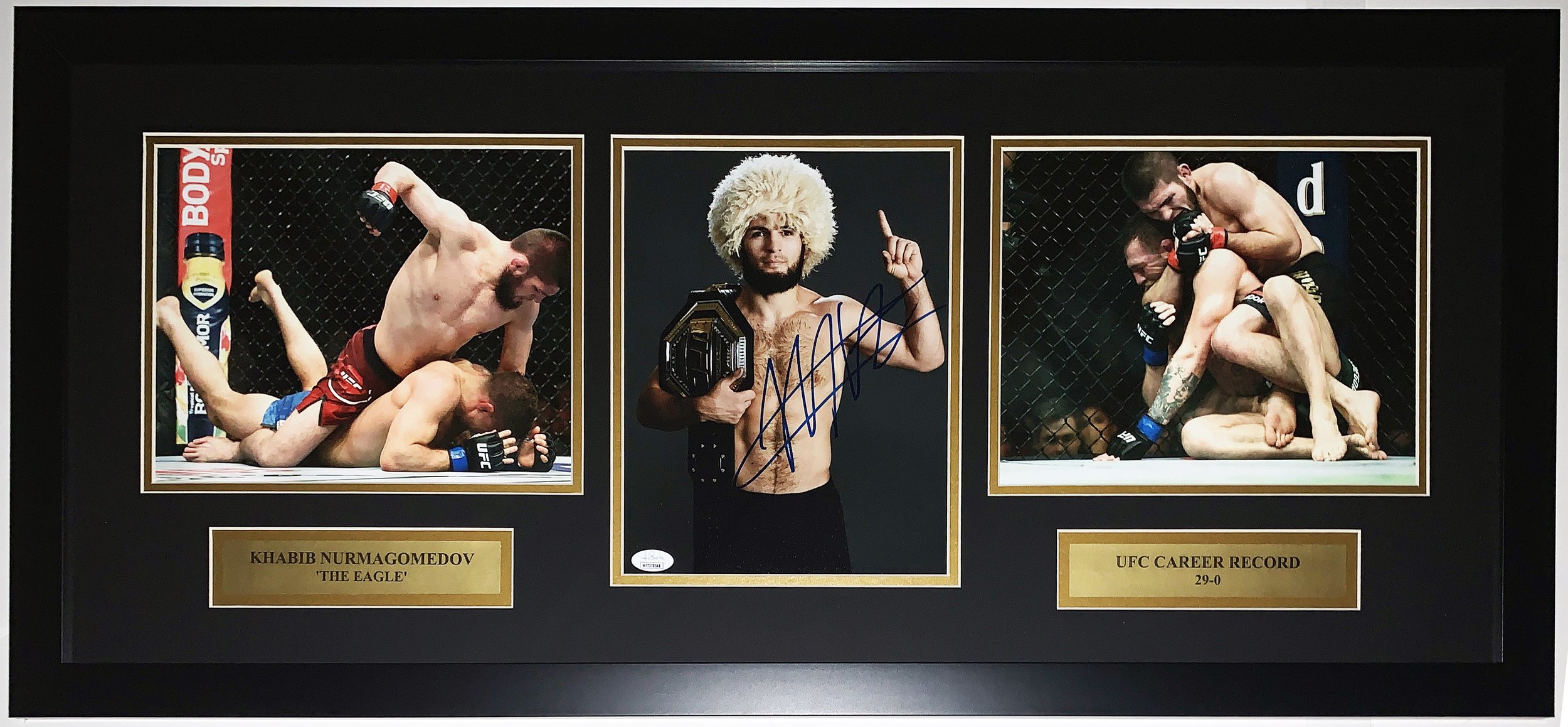 Khabib Nurmagomedov Signed UFC Championship 3 8x10 Photo Set - JSA COA Authenticated - Professionally Framed &amp; Plate 36x16