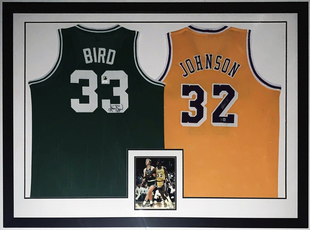 Larry Bird Signed 35x43 Framed Boston Celtics Jersey (Beckett