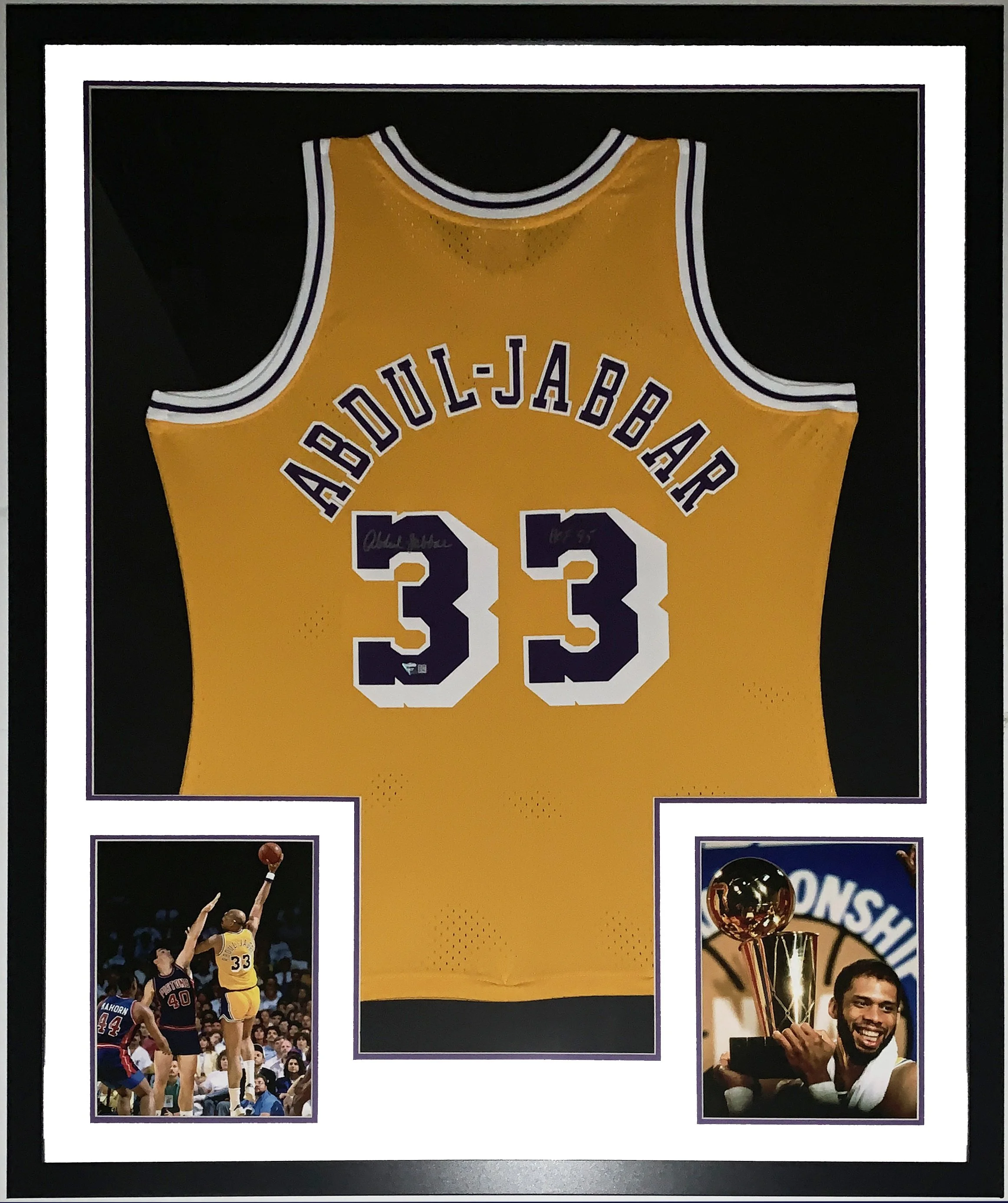 Kareem Abdul-Jabbar Signed Los Angeles Lakers Jersey HOF 95 Inscription - Fanatics COA Authenticated - Professionally Framed and Sky Hook and Championship Photo 34x42