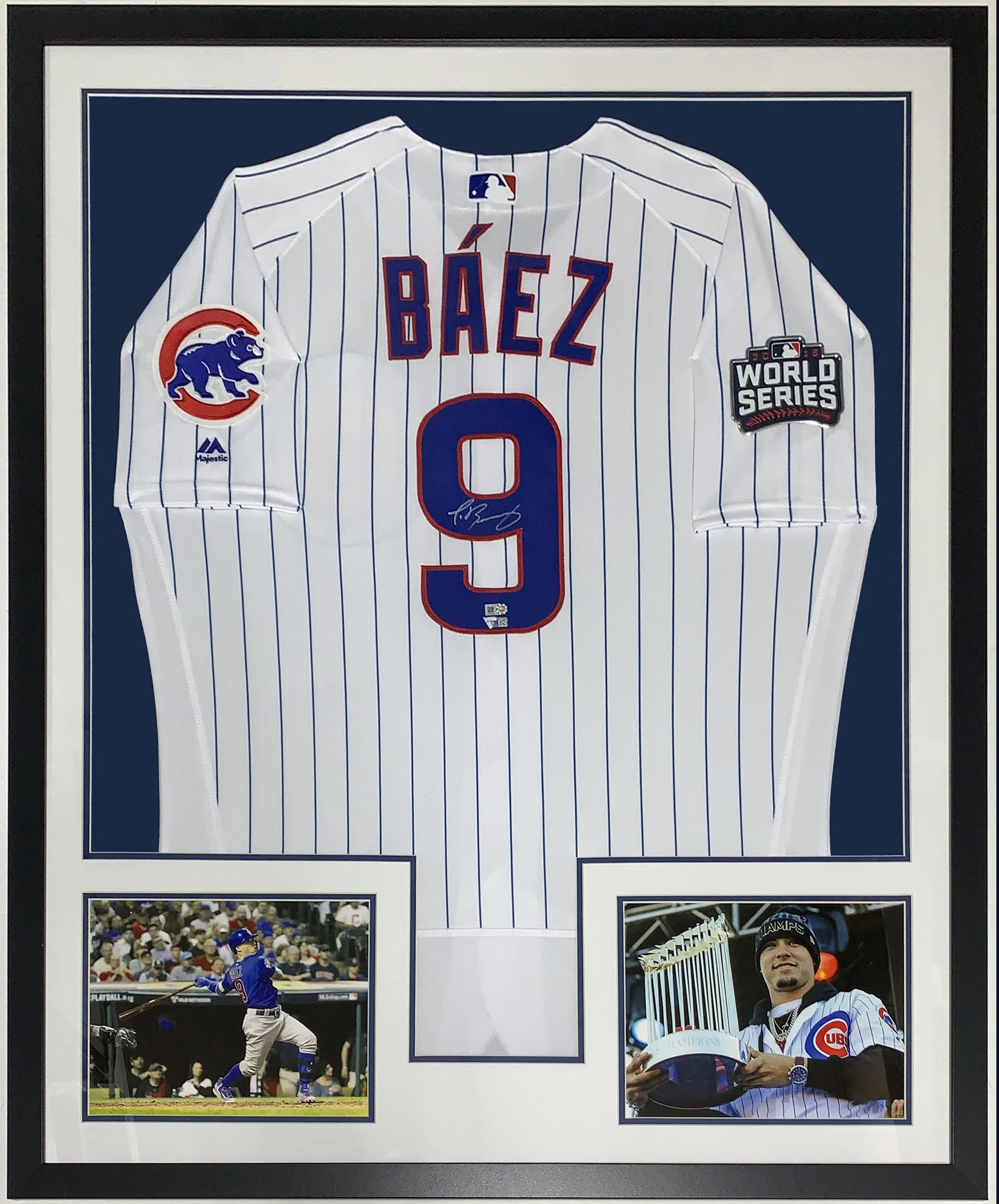 Javier Baez Signed Majestic Chicago Cubs 2016 World Series Jersey - MLB and Fanatics COA Authenticated - Custom Framed and 2 World Series 8x10 Photo