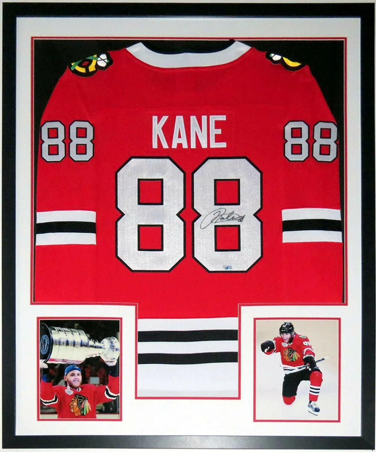 Patrick Kane Authentic Signed  Chicago Blackhawks Jersey - Fanatics COA Authenticated - Professionally Framed and 2 Stanley Cup 8x10 Photo 34x42