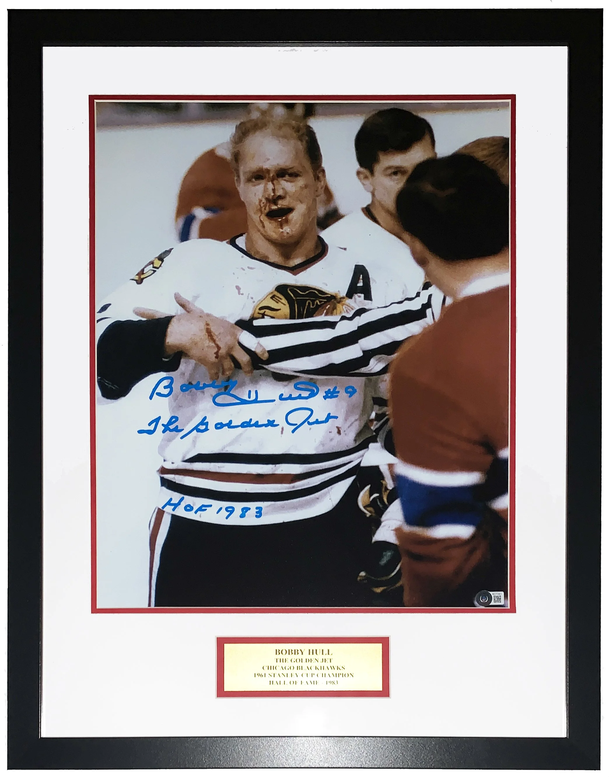 Bobby Hull Signed Chicago Blackhawks Bloody 16x20 Photo and Golden Jet and HOF 1983 Inscription - Beckett BAS COA Authenticated - Professionally Framed and Plate