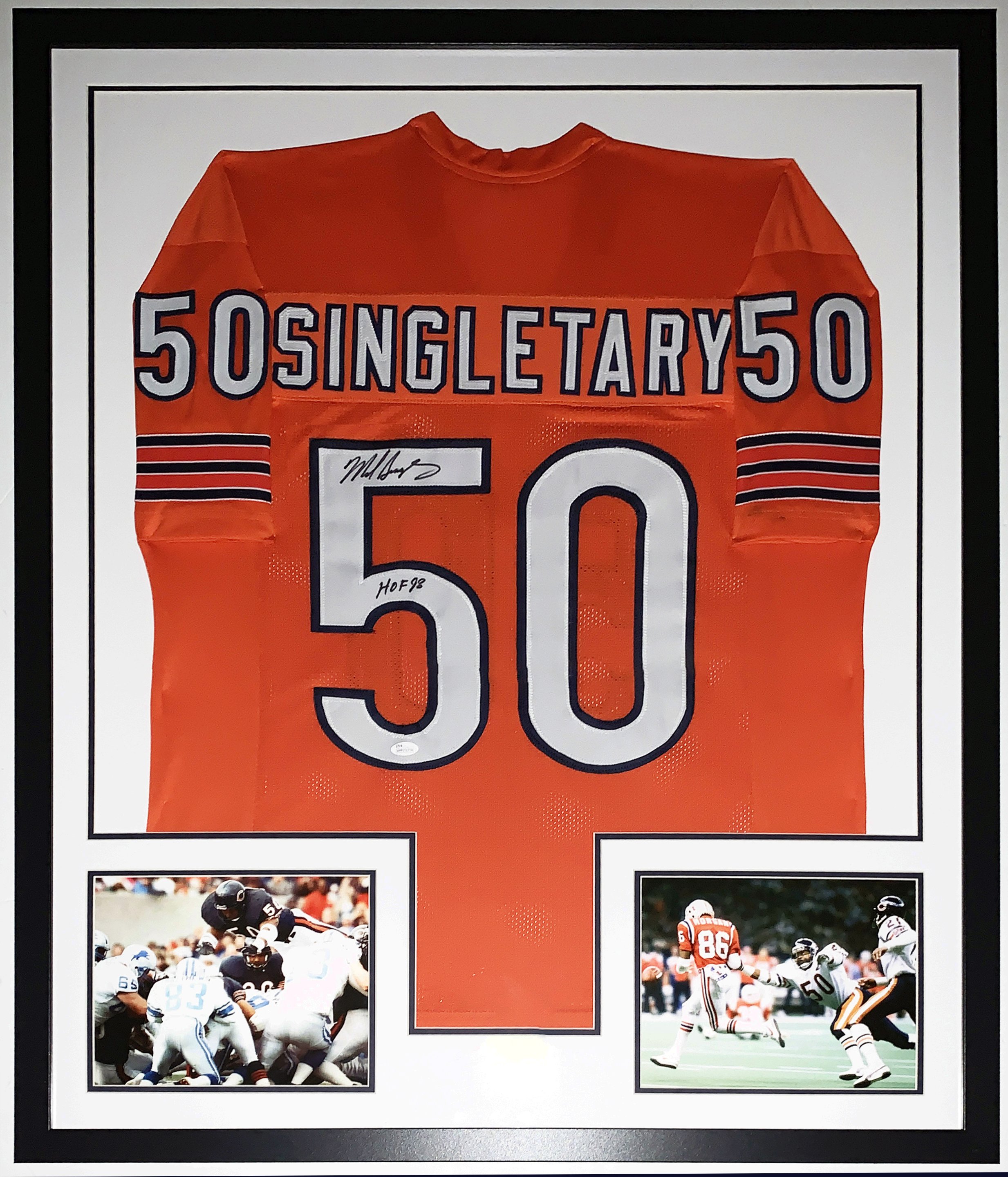 Mike Singletary Signed Chicago Bears Jersey and Hall of Fame 1998 Inscription - JSA COA Authenticated - Professionally Framed and Super Bowl XX Photo 34x42