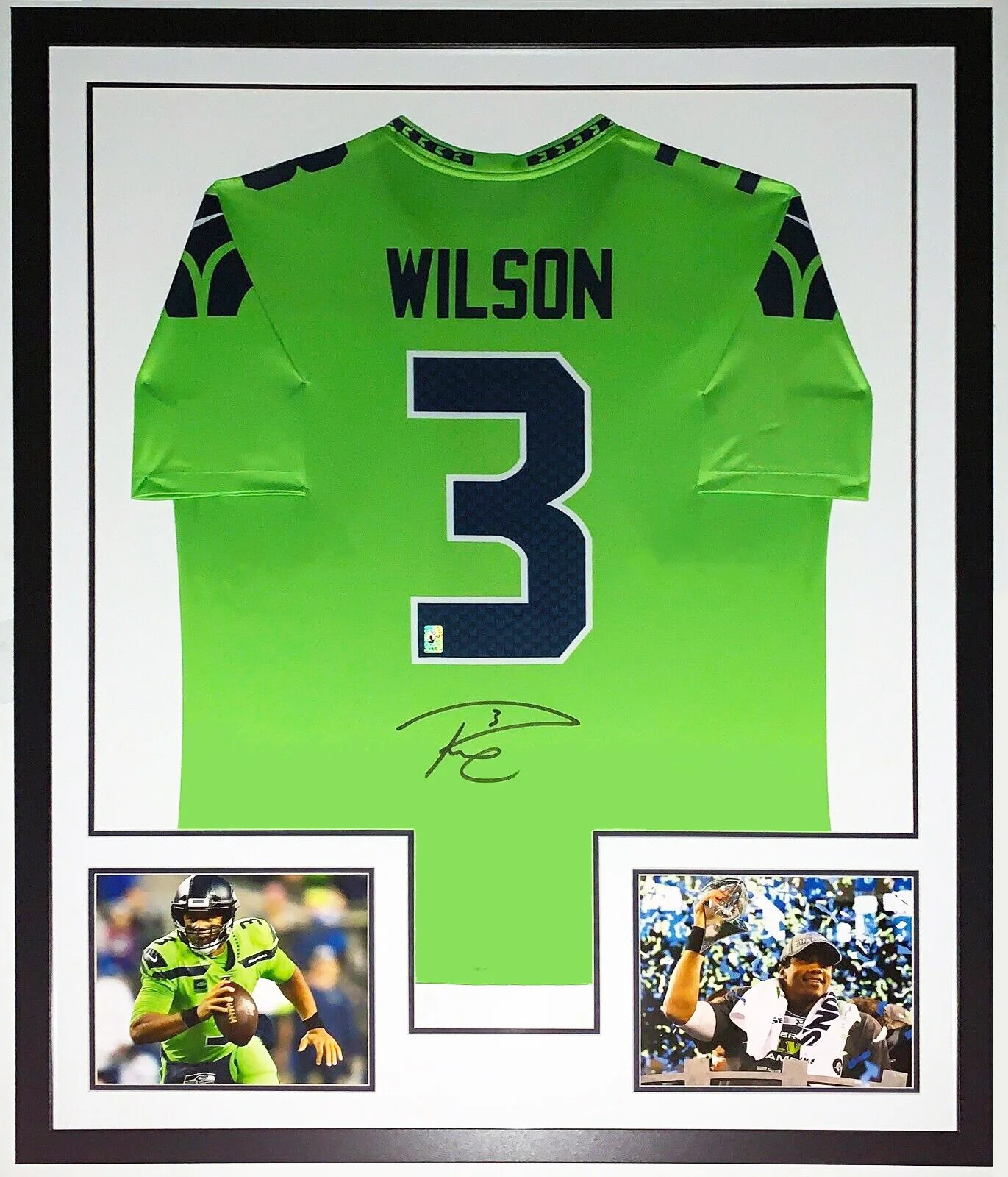 Russell Wilson Autographed Authentic Nike Seattle Seahawks Jersey - Russell Wilson COA Authenticated - Professionally Framed and Super Bowl 8x10 Photo 34x42