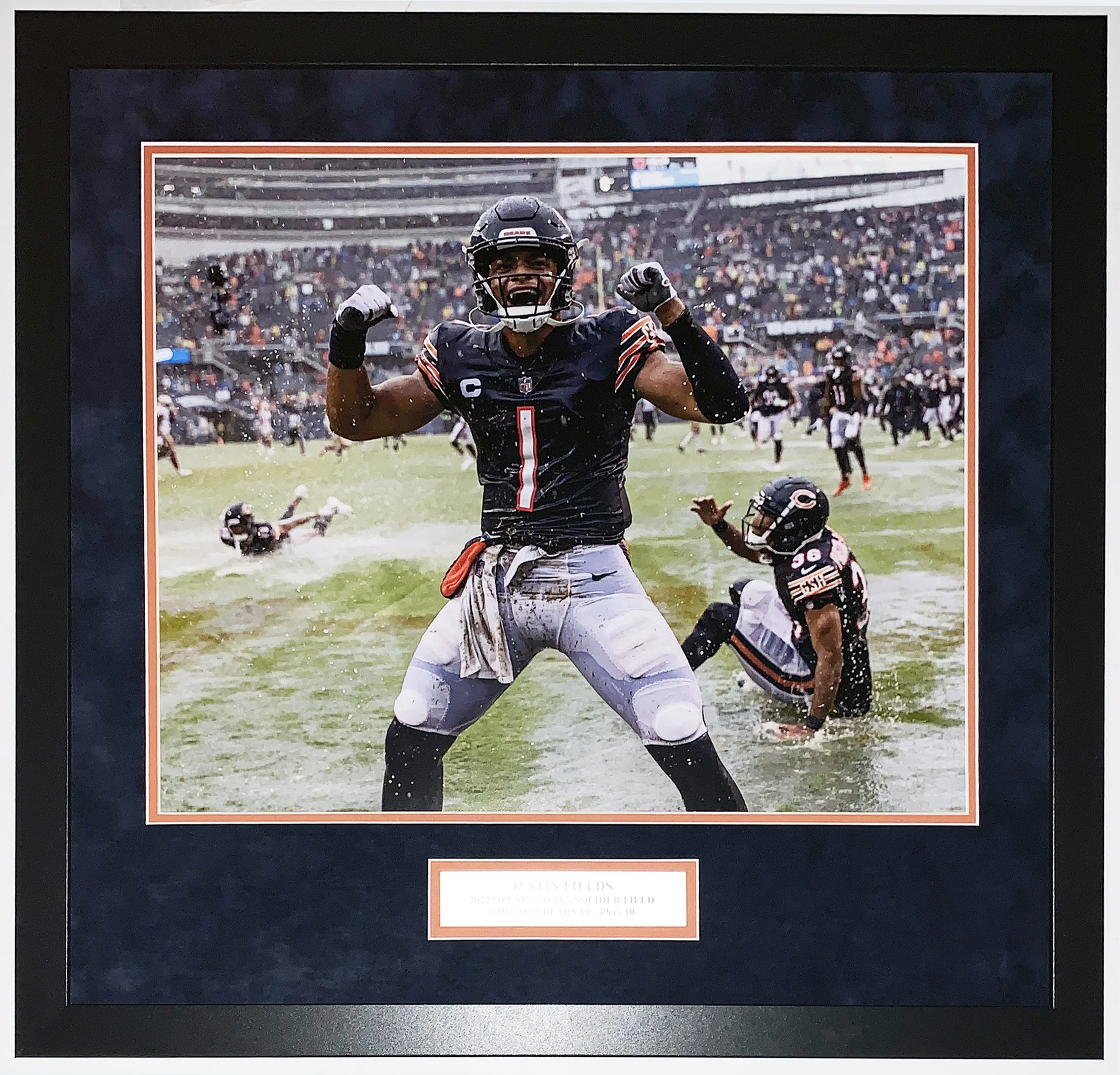 Justin Fields Chicago Bears 2022 Opening Day Rain Storm Celebration 16x20 Photo - Professionally Framed and Suede Mat Board and Plate