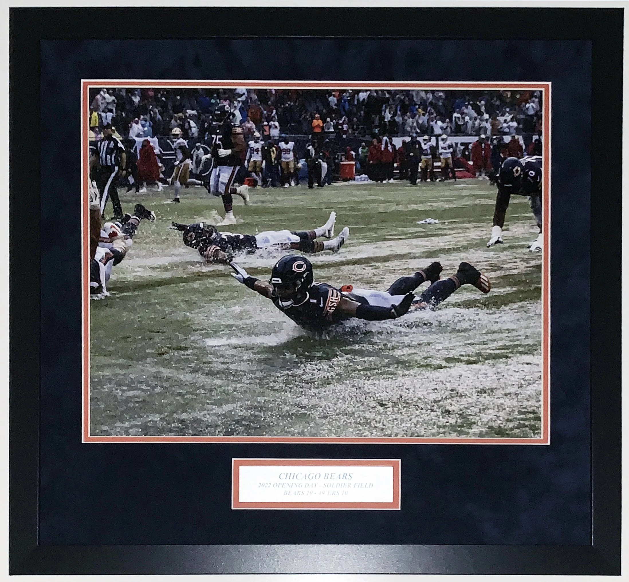 Justin Fields Chicago Bears 2022 Opening Day Rain Storm Victory Slide 16x20 Photo - Professionally Framed and Plate