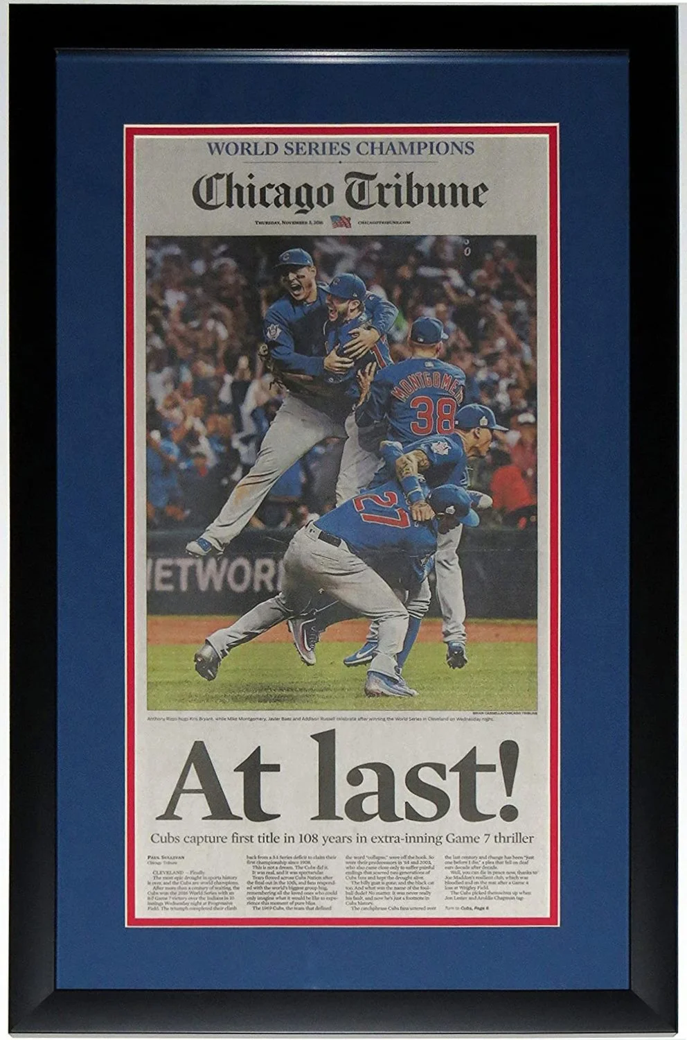 Chicago Cubs 2016 World Series Champions Chicago Tribune Newspaper 11/3/16 - Professionally Framed 14x28