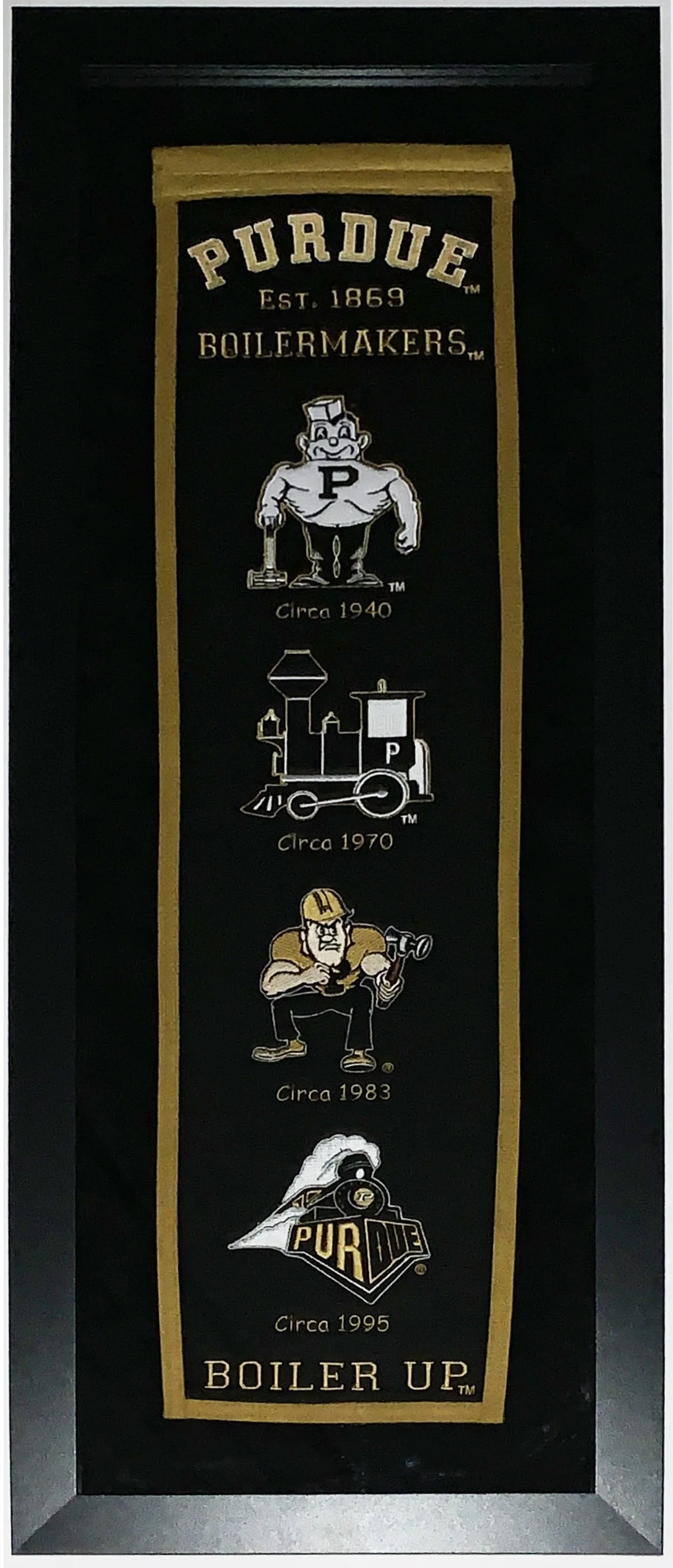 University of Purdue Boiler Makers Authentic Heritage Logo Banner - Professionally Framed with Suede Mat Board 38x16