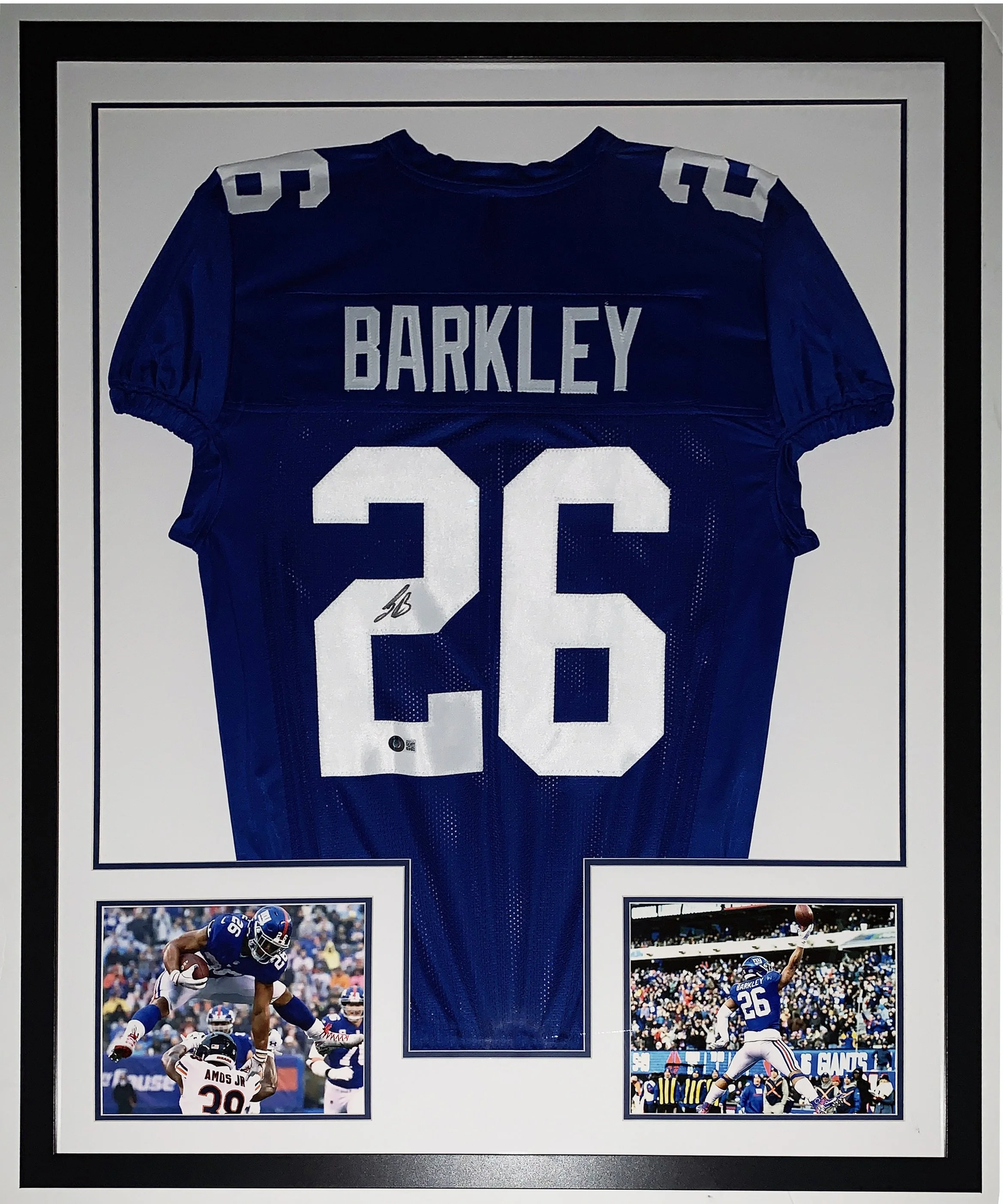 Saquon Barkley Autographed Authentic New York Giants Jersey - Beckett BAS COA Authenticated - Professionally Framed and Touchdown Photo 34x42