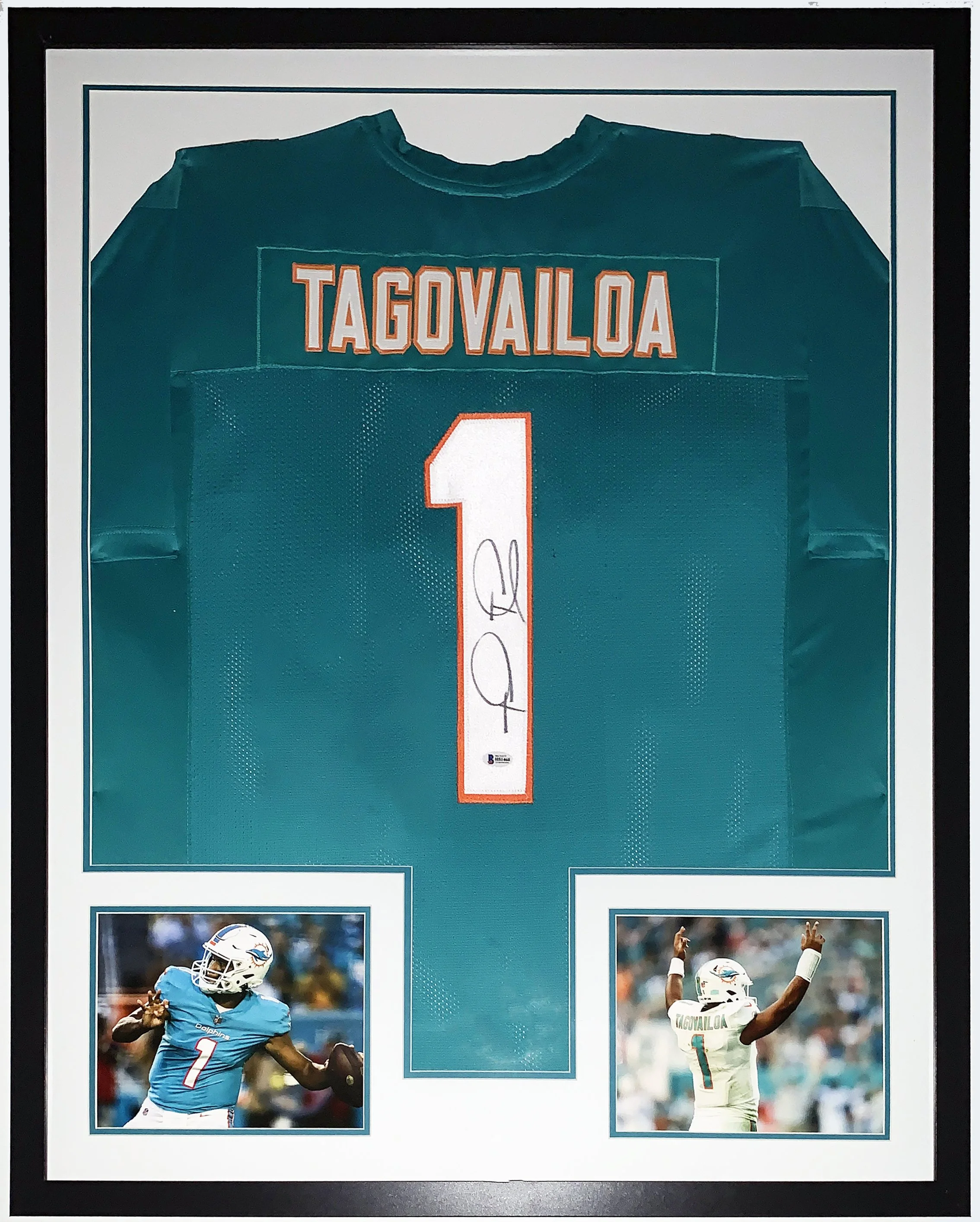 Tua Tagovailoa Authentic Signed 2022 Miami Dolphins Jersey - Beckett BAS COA Authenticated - Professionally Framed and Touchdown Photo 34x42
