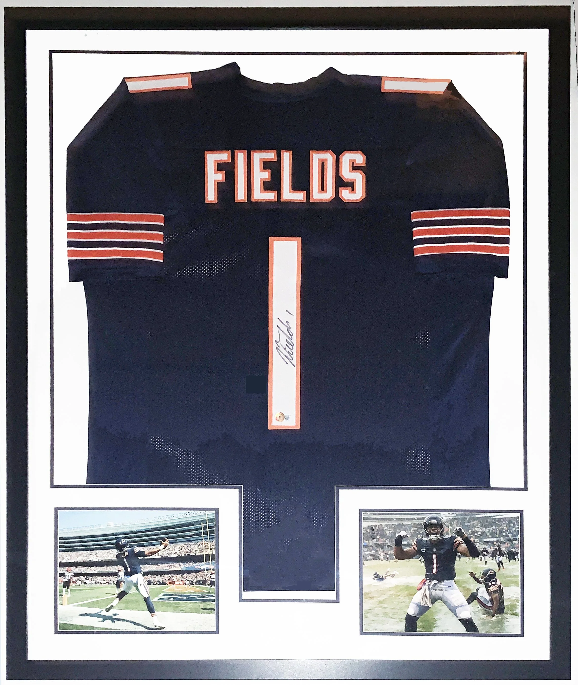 Justin Fields Authentic Signed Chicago Bears Jersey - Beckett BAS COA Authenticated - Professionally Framed and 2022 Storm Victory 8x10 Photo 34x42