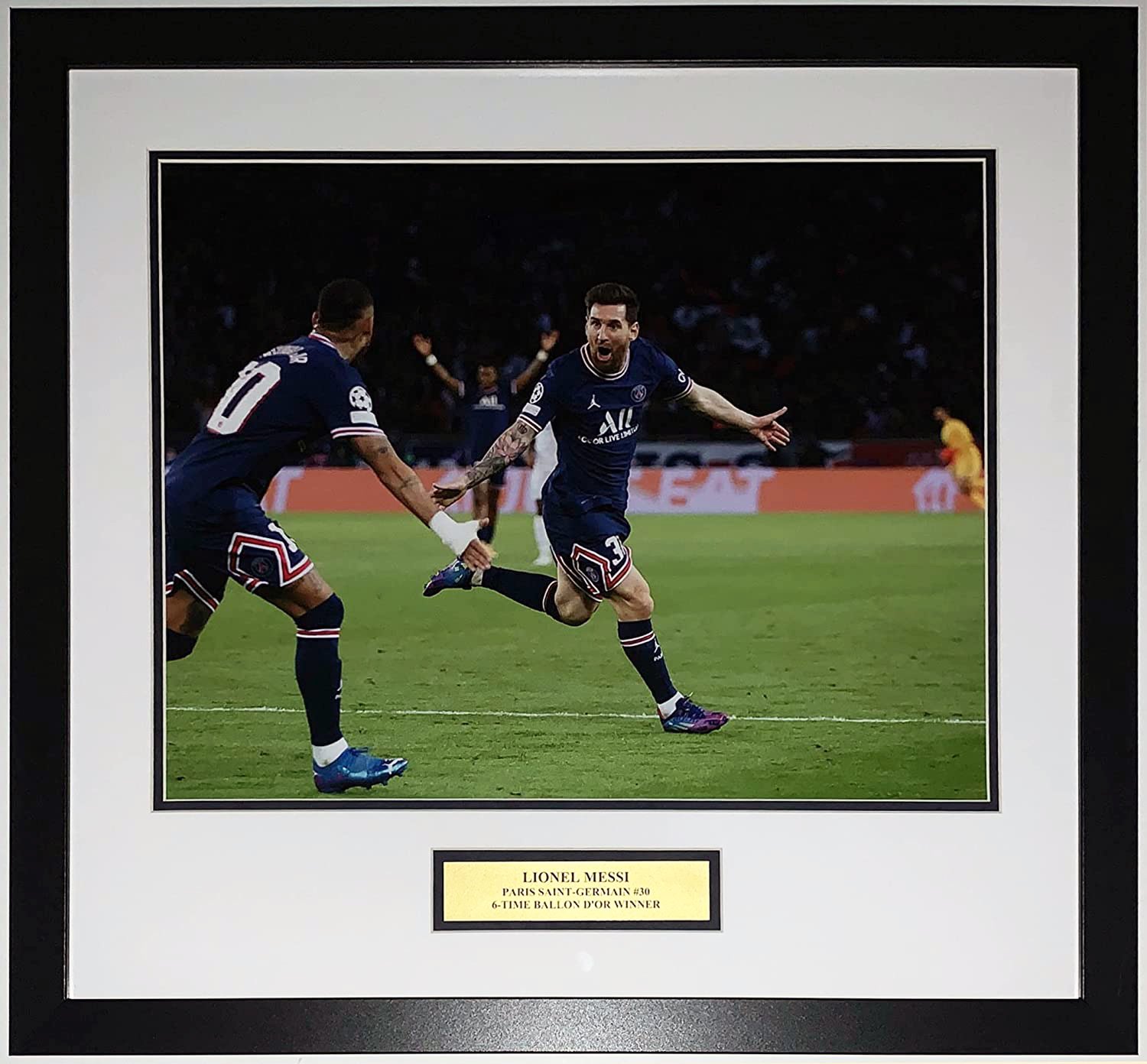 Lionel Messi Paris Saint Germain PSG 2021 Goal Celebration 16x20 Photo - Professionally Framed and Ballon d'Or Plate