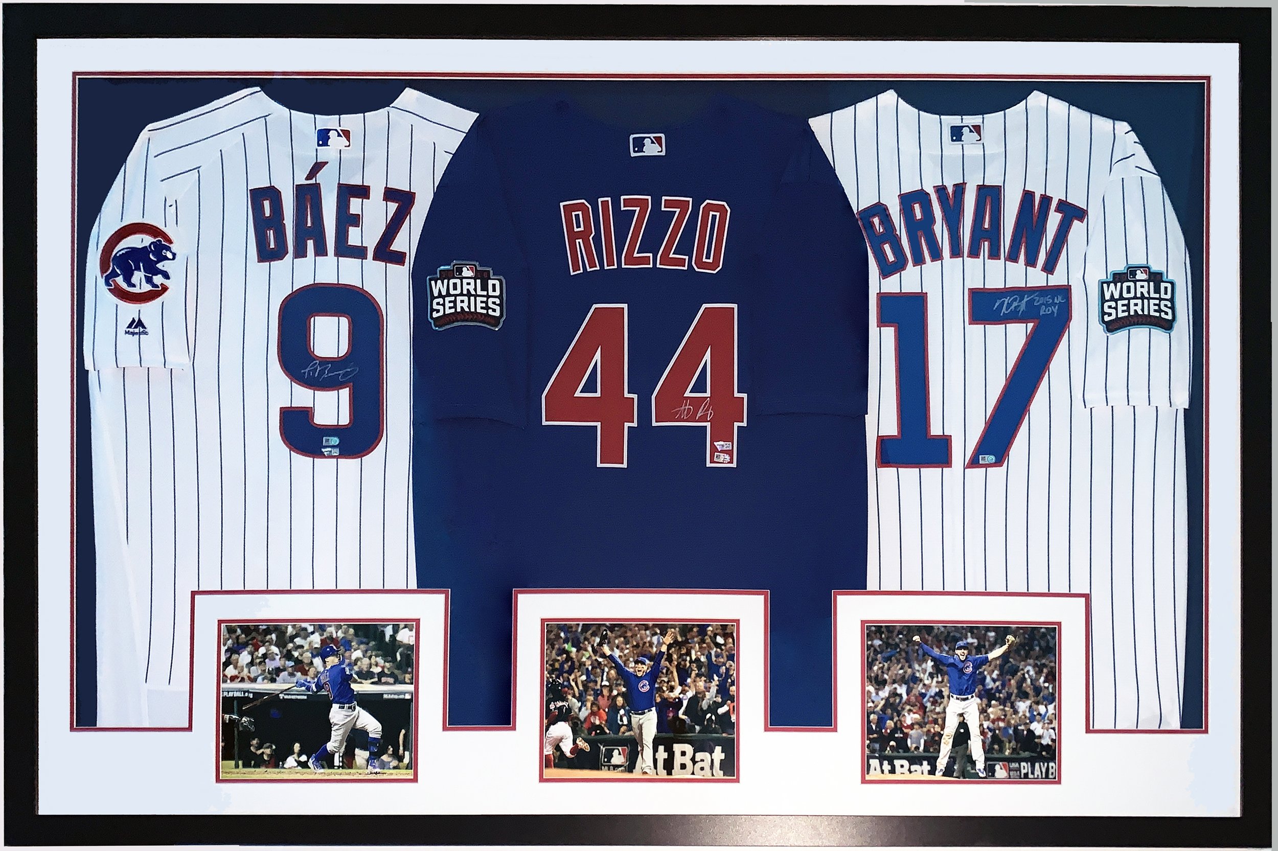 Bleachers Sports Music & Framing — Kris Bryant , Javier Baez , Anthony Rizzo Autographed 3 Chicago Cubs 2016 World Series Jerseys