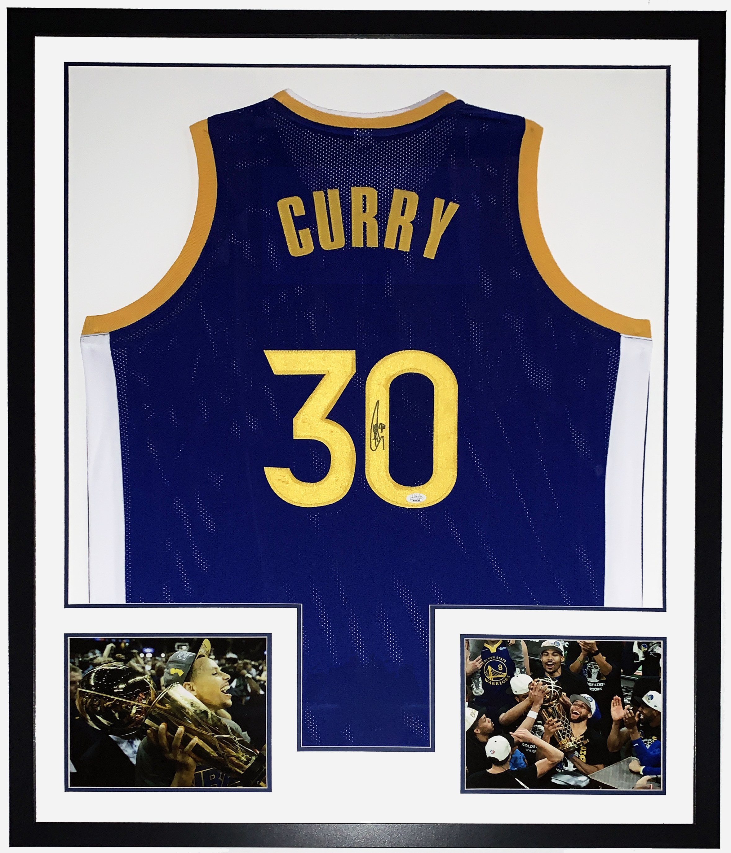 Stephen Curry Authentic Autographed 2022 Golden State Warriors Jersey - JSA COA Authenticated - Professionally Framed and 2015 and 2022 NBA Championship Photo